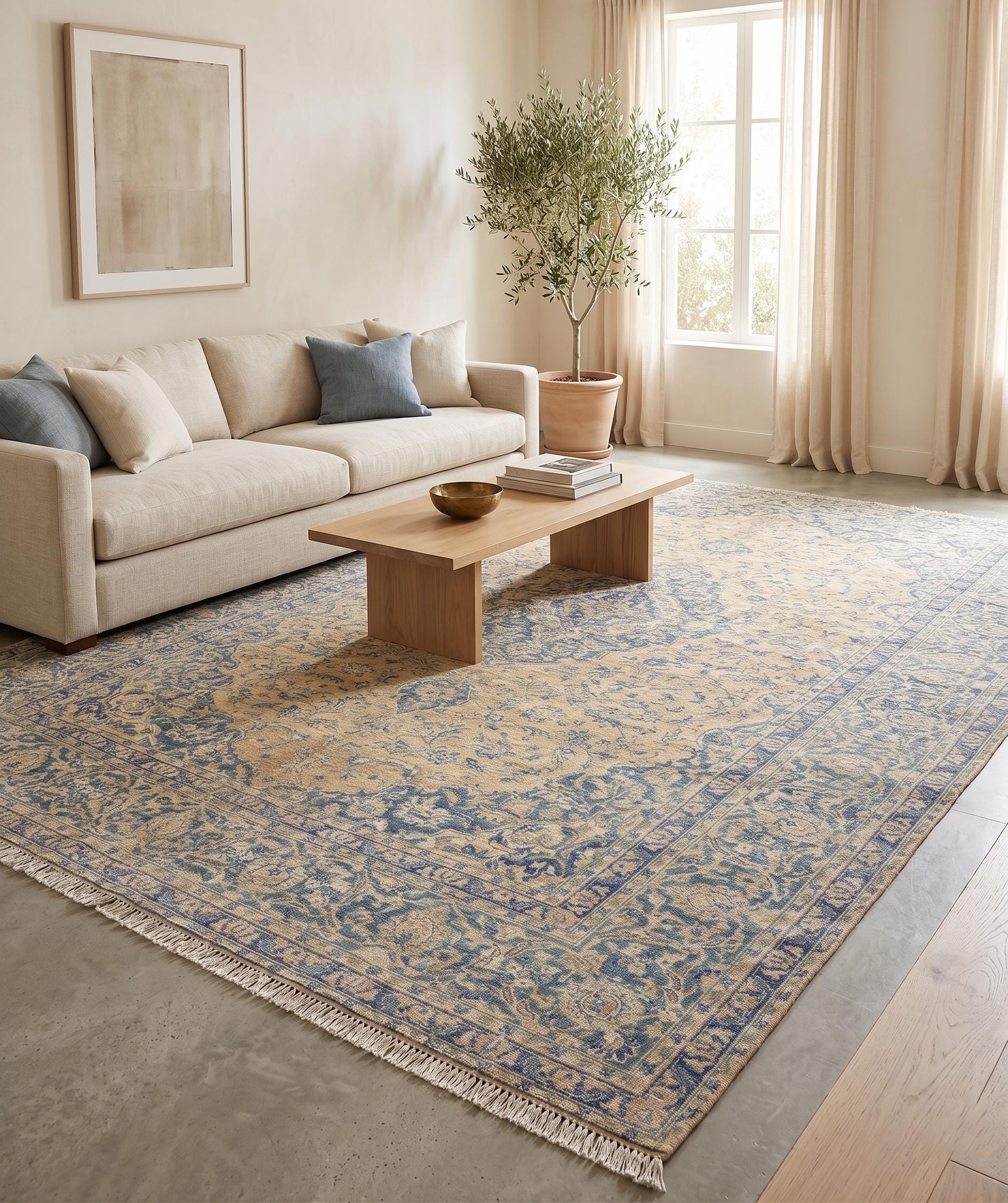 Large Vintage Turkish Rug 9x13, Blue Beige Medallion Area Rug, Distressed Persian Style Carpet for Living Room
