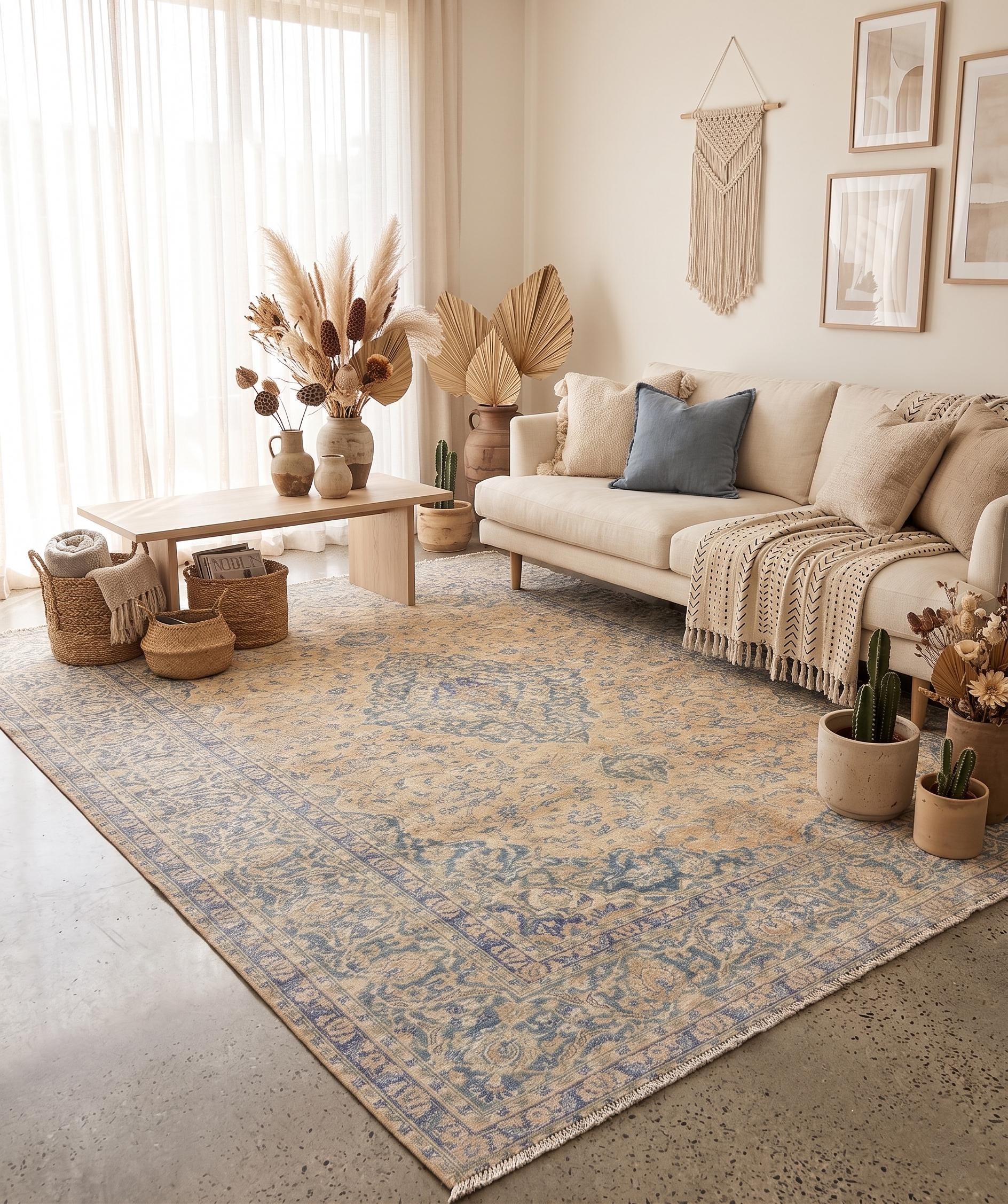 Large Vintage Turkish Rug 9x13, Blue Beige Medallion Area Rug, Distressed Persian Style Carpet for Living Room