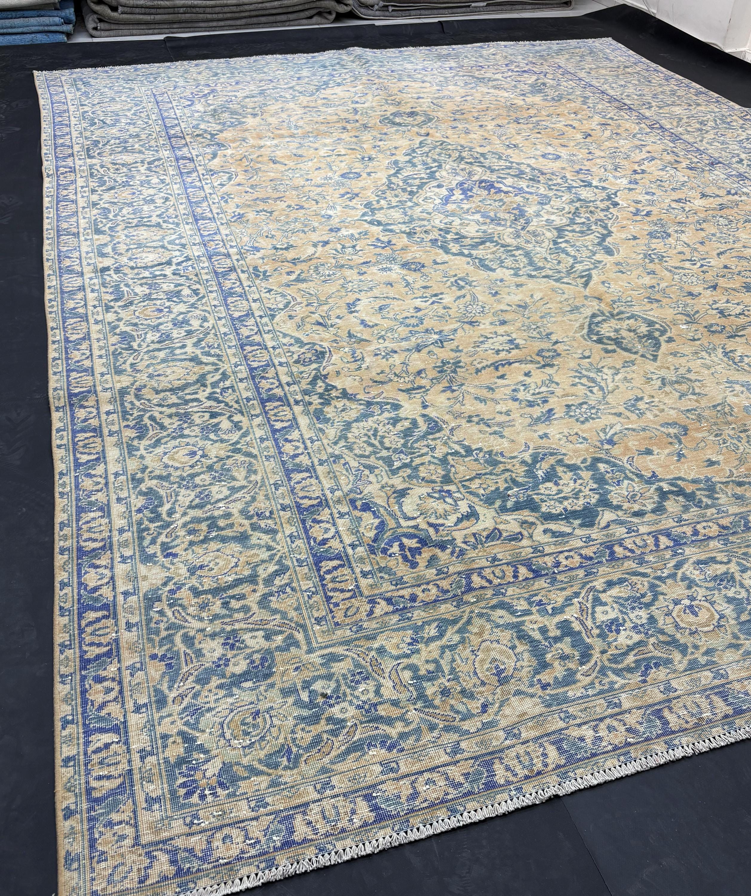 Large Vintage Turkish Rug 9x13, Blue Beige Medallion Area Rug, Distressed Persian Style Carpet for Living Room