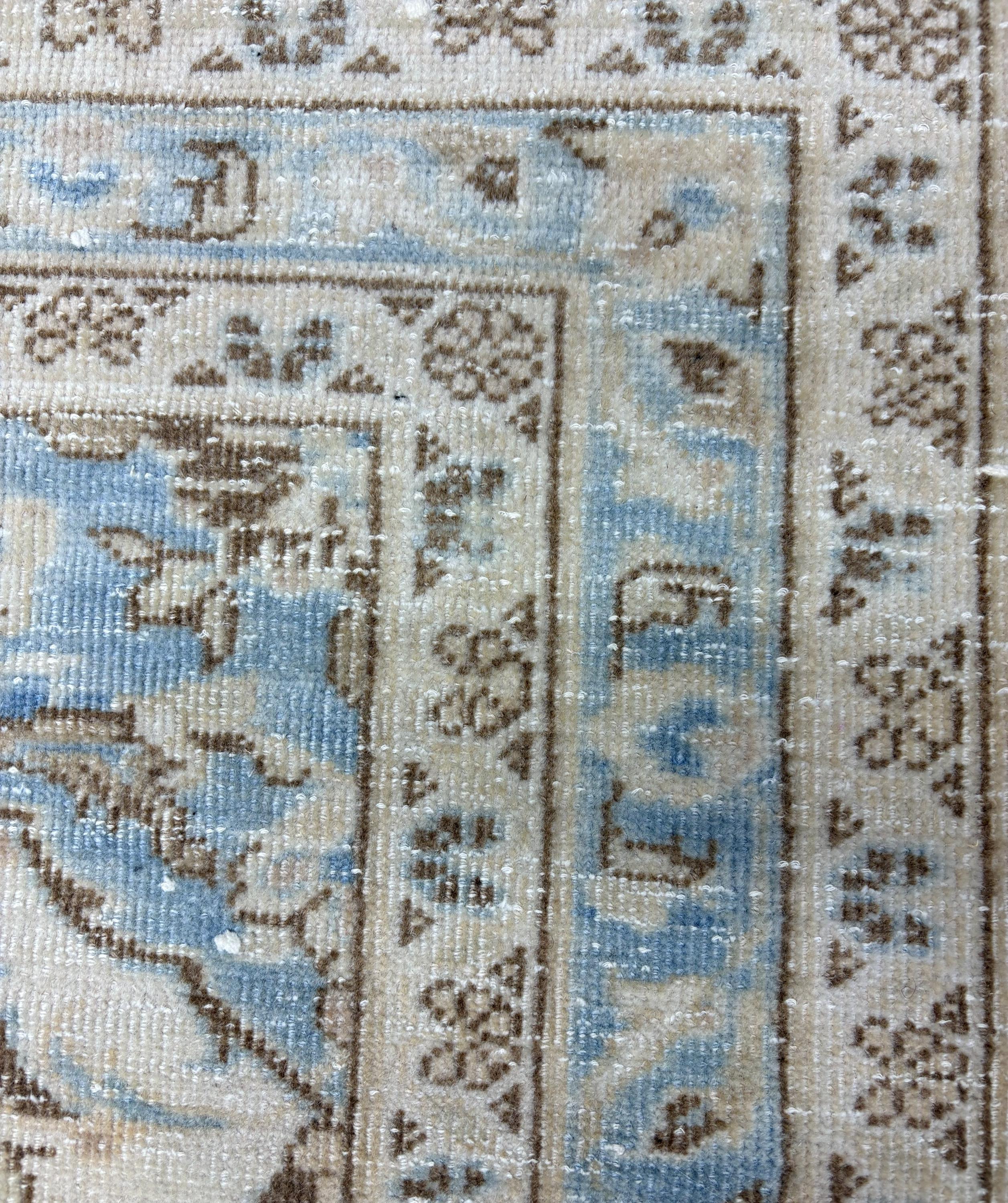 1980s Vintage Turkish Rug 9x12, Blue Beige Oushak Area Rug, Large Distressed Medallion Living Room Carpet