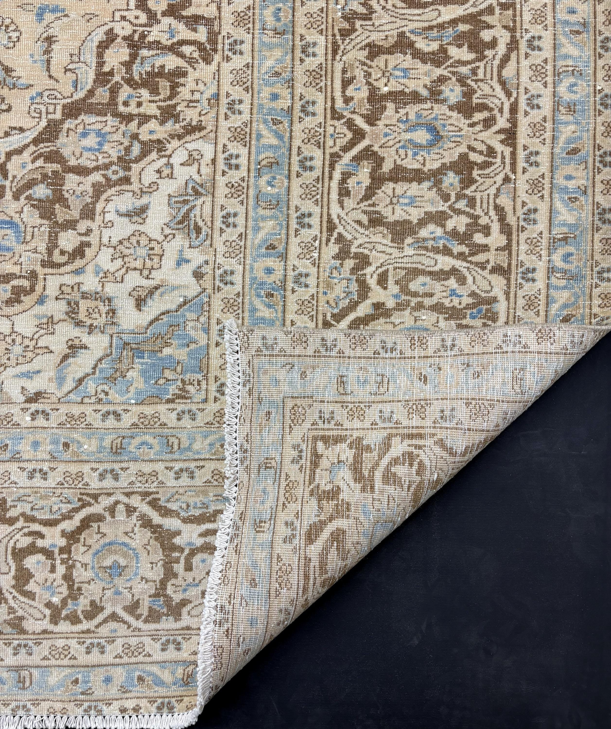 1980s Vintage Turkish Rug 9x12, Blue Beige Oushak Area Rug, Large Distressed Medallion Living Room Carpet