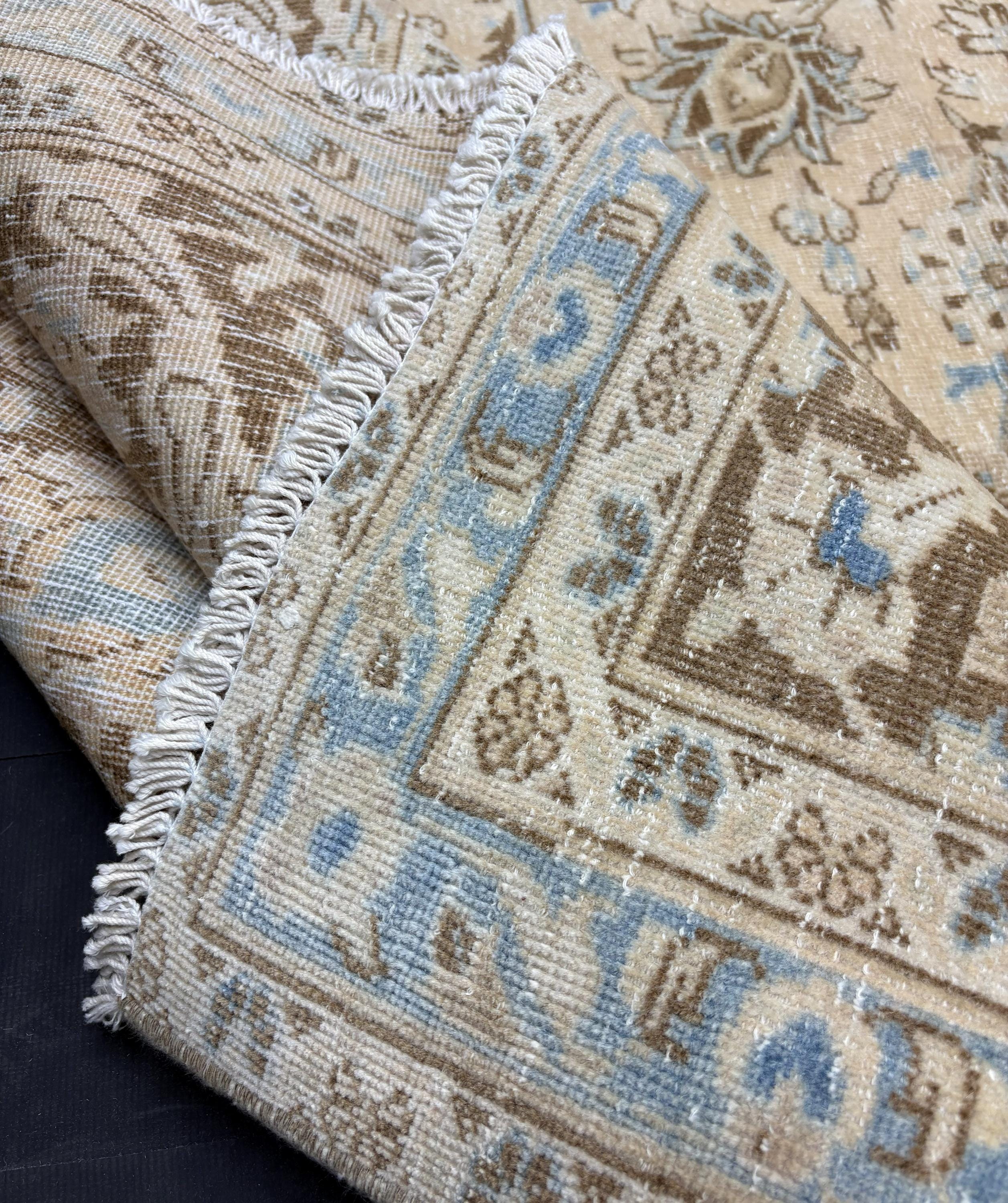 1980s Vintage Turkish Rug 9x12, Blue Beige Oushak Area Rug, Large Distressed Medallion Living Room Carpet
