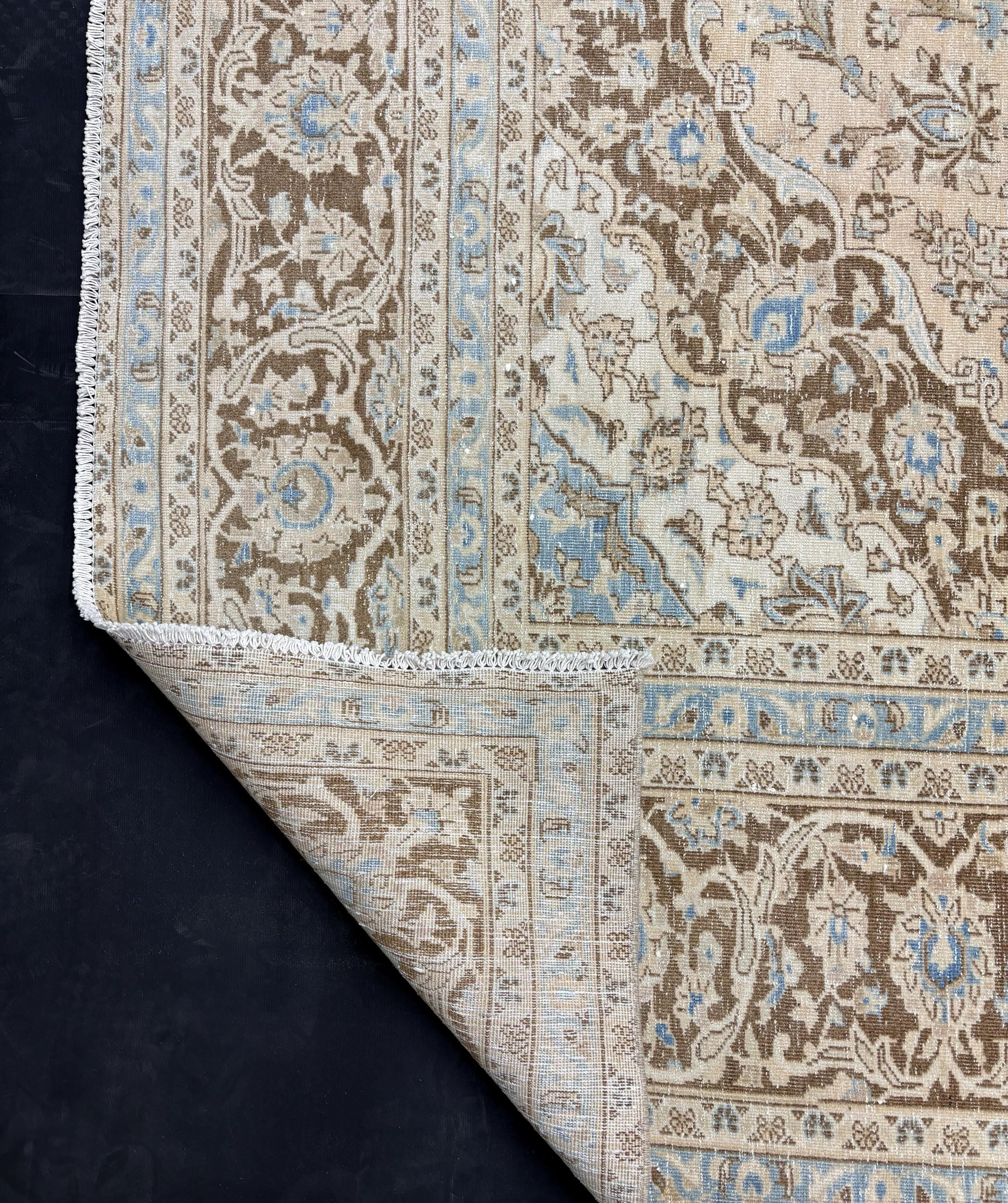 1980s Vintage Turkish Rug 9x12, Blue Beige Oushak Area Rug, Large Distressed Medallion Living Room Carpet