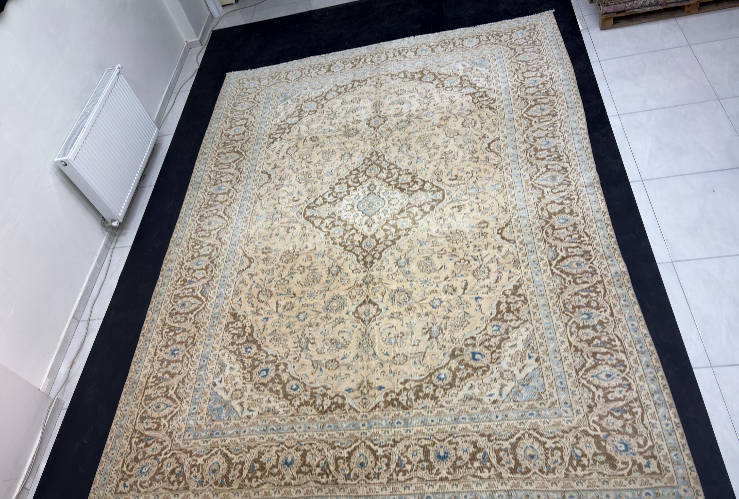 1980s Vintage Turkish Rug 9x12, Blue Beige Oushak Area Rug, Large Distressed Medallion Living Room Carpet
