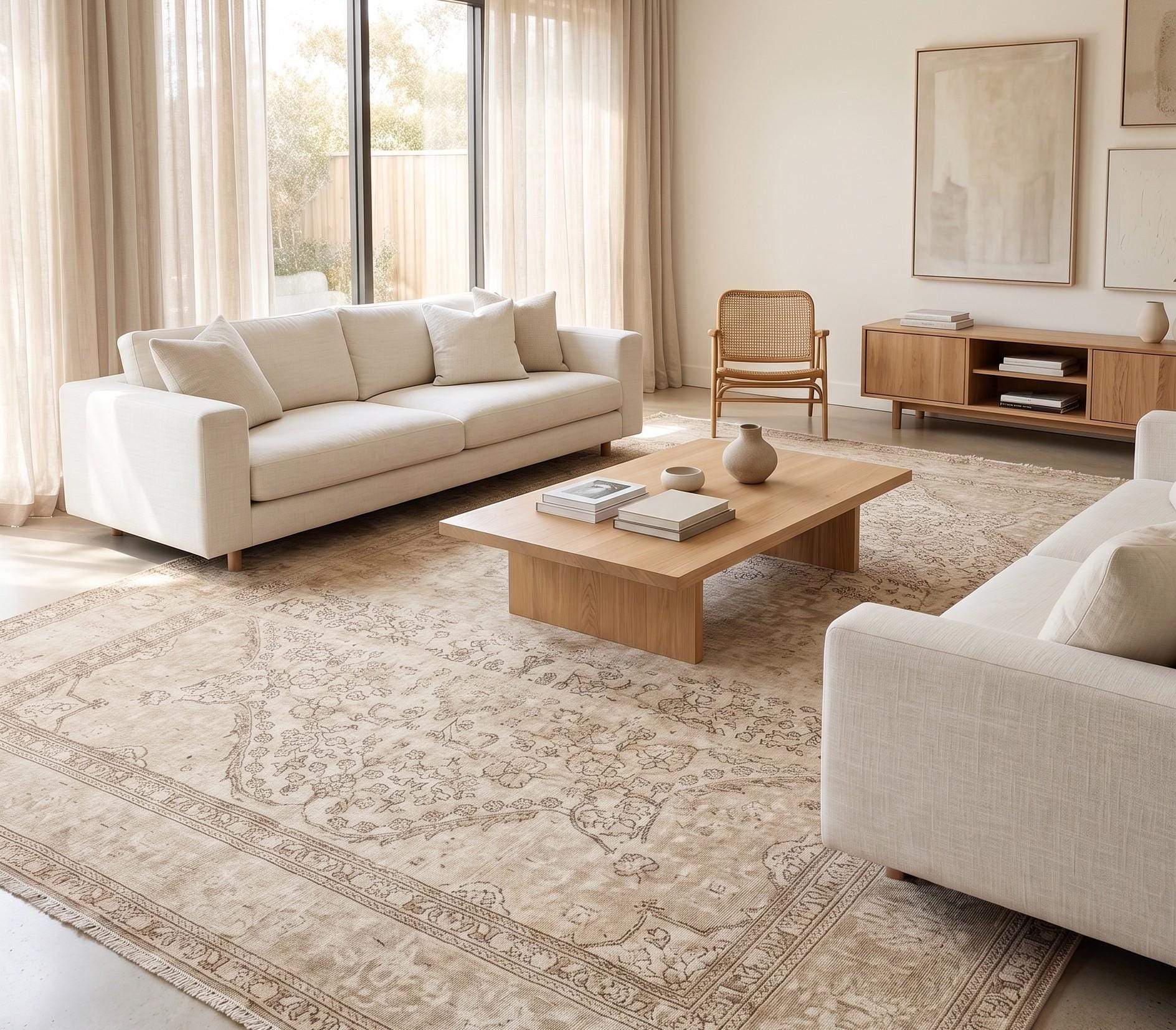 1980s Vintage Turkish Rug 290x388 cm, Handwoven Wool Area Rug, Faded Beige Floral Medallion Carpet, Large Neutral Rug