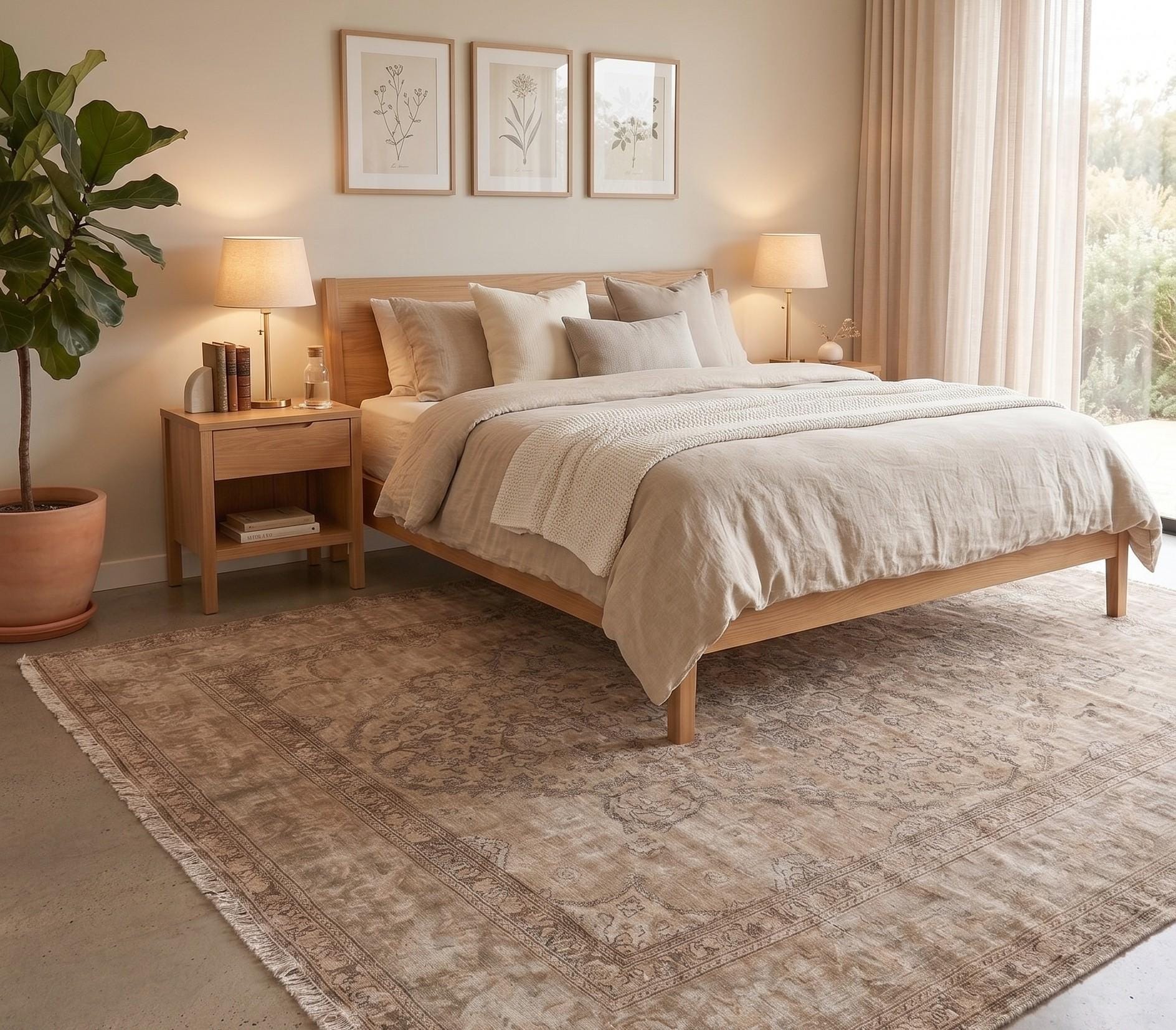 1980s Vintage Turkish Rug 290x388 cm, Handwoven Wool Area Rug, Faded Beige Floral Medallion Carpet, Large Neutral Rug