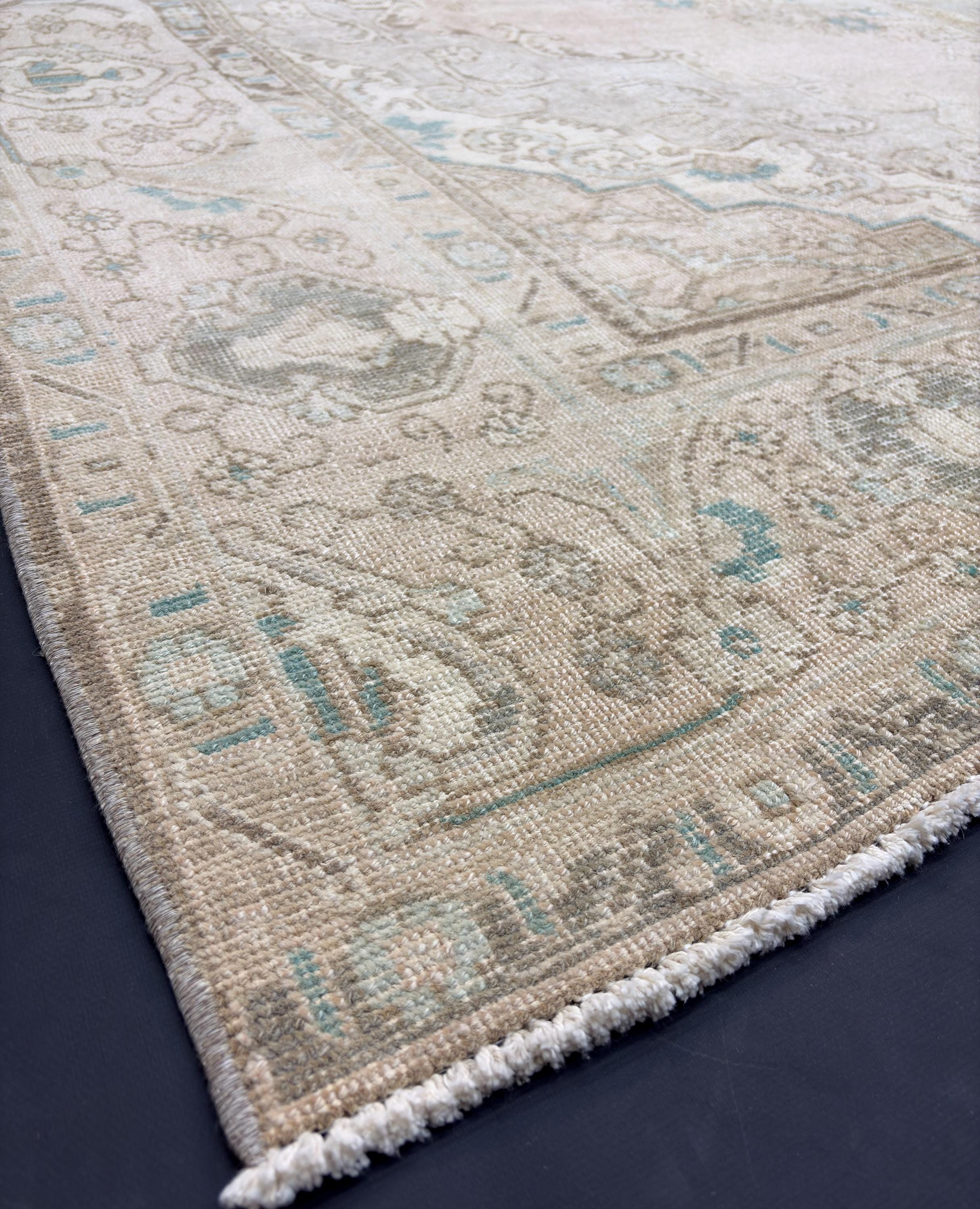 Vintage Turkish Rug 9x12, Large Oushak Wool Area Rug, Faded Neutral Beige Blue Rug, Handmade Living Room Carpet, Oversized