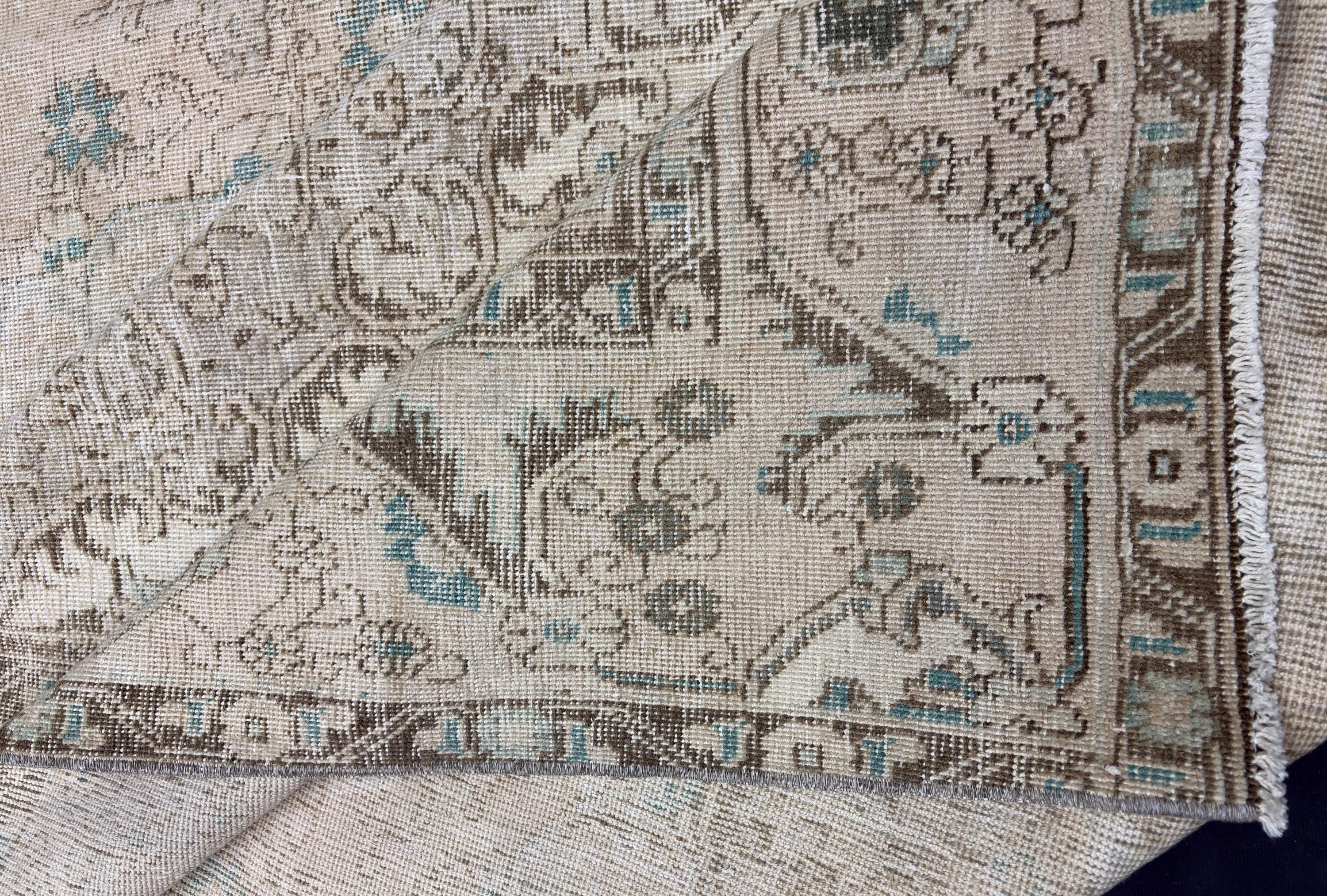 Vintage Turkish Rug 9x12, Large Oushak Wool Area Rug, Faded Neutral Beige Blue Rug, Handmade Living Room Carpet, Oversized