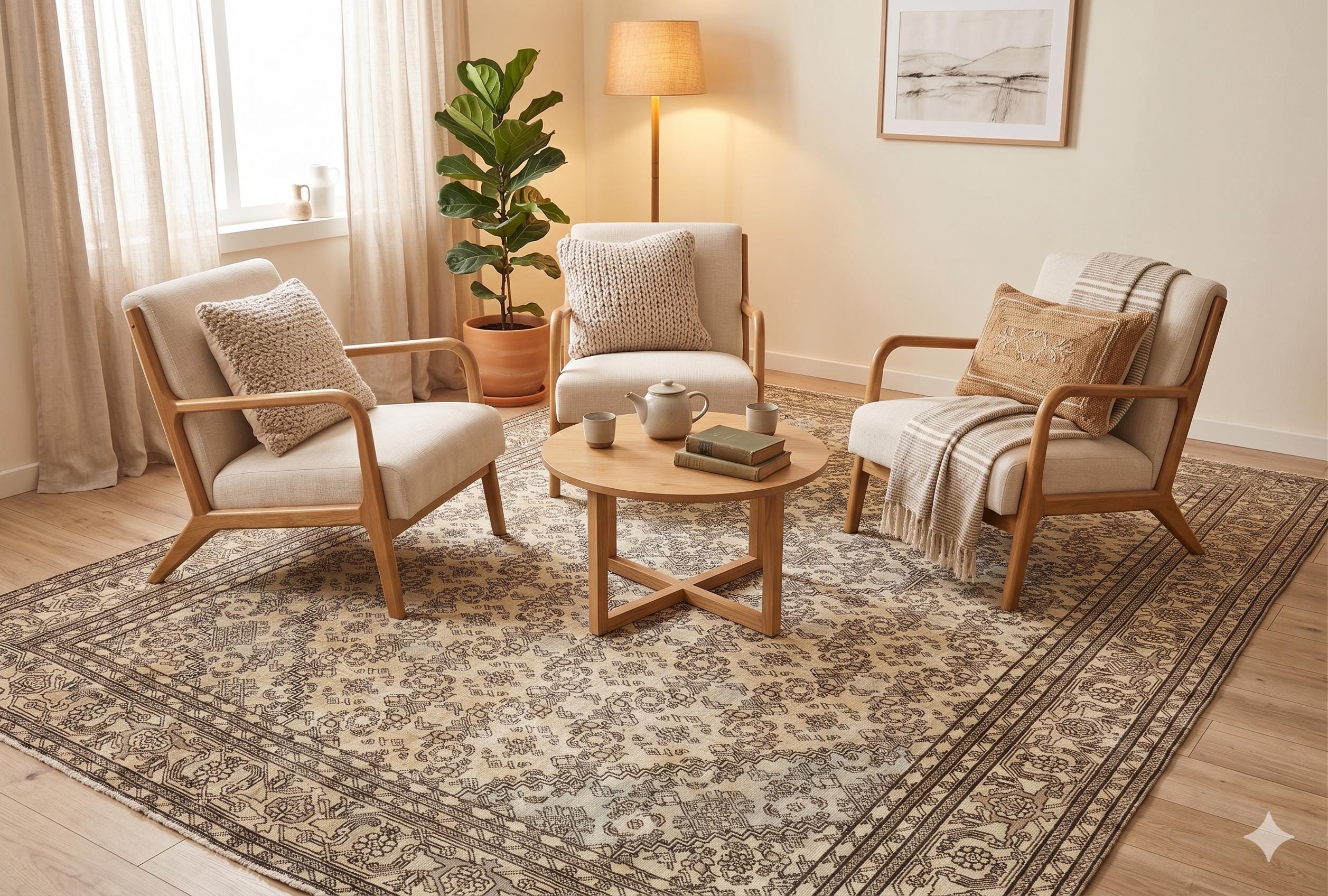 Vintage Turkish Rug 8x12, Large Herati Wool Area Rug, Faded Neutral Beige Blue Rug, Handmade Living Room Carpet, Oversized