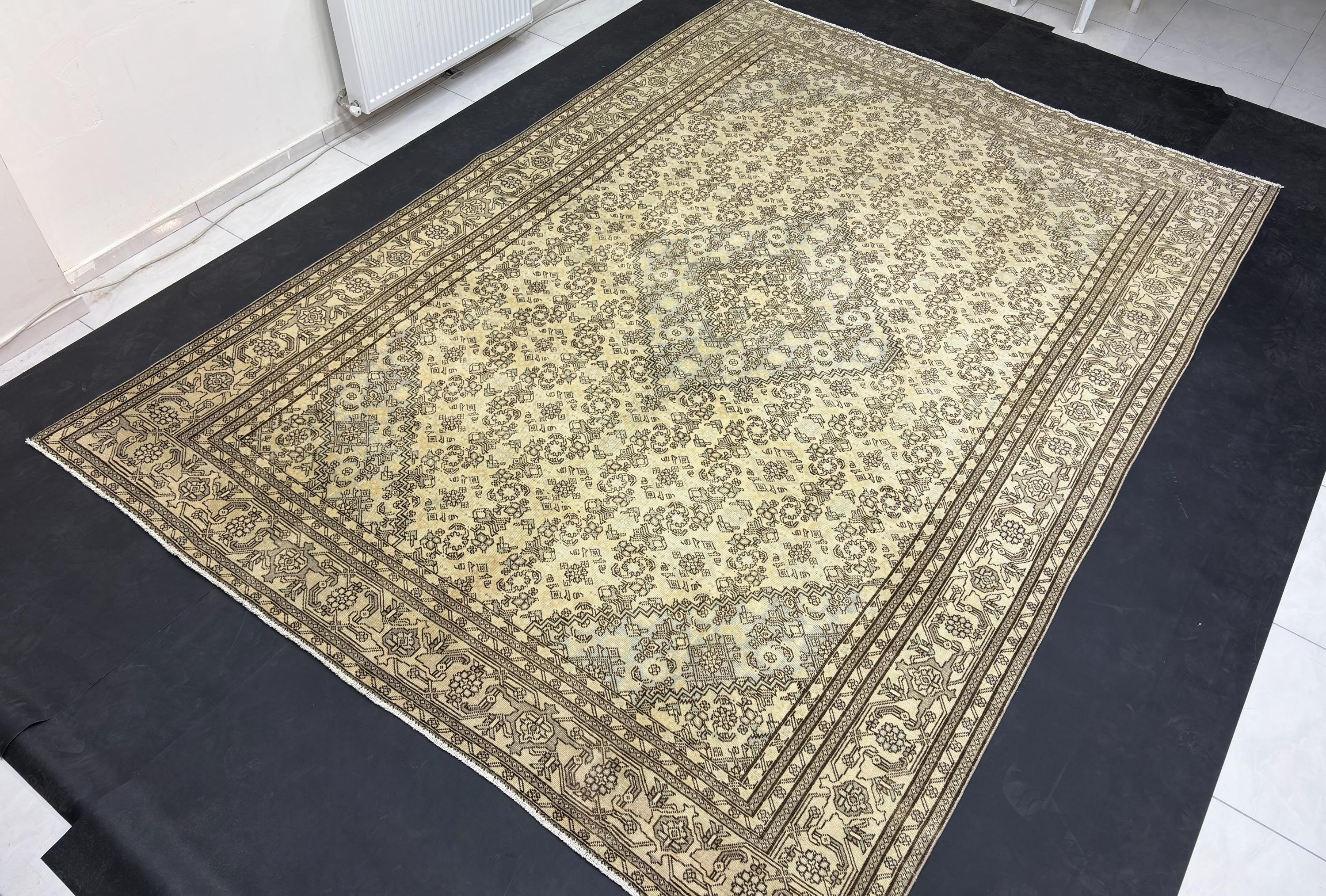 Vintage Turkish Rug 8x12, Large Herati Wool Area Rug, Faded Neutral Beige Blue Rug, Handmade Living Room Carpet, Oversized