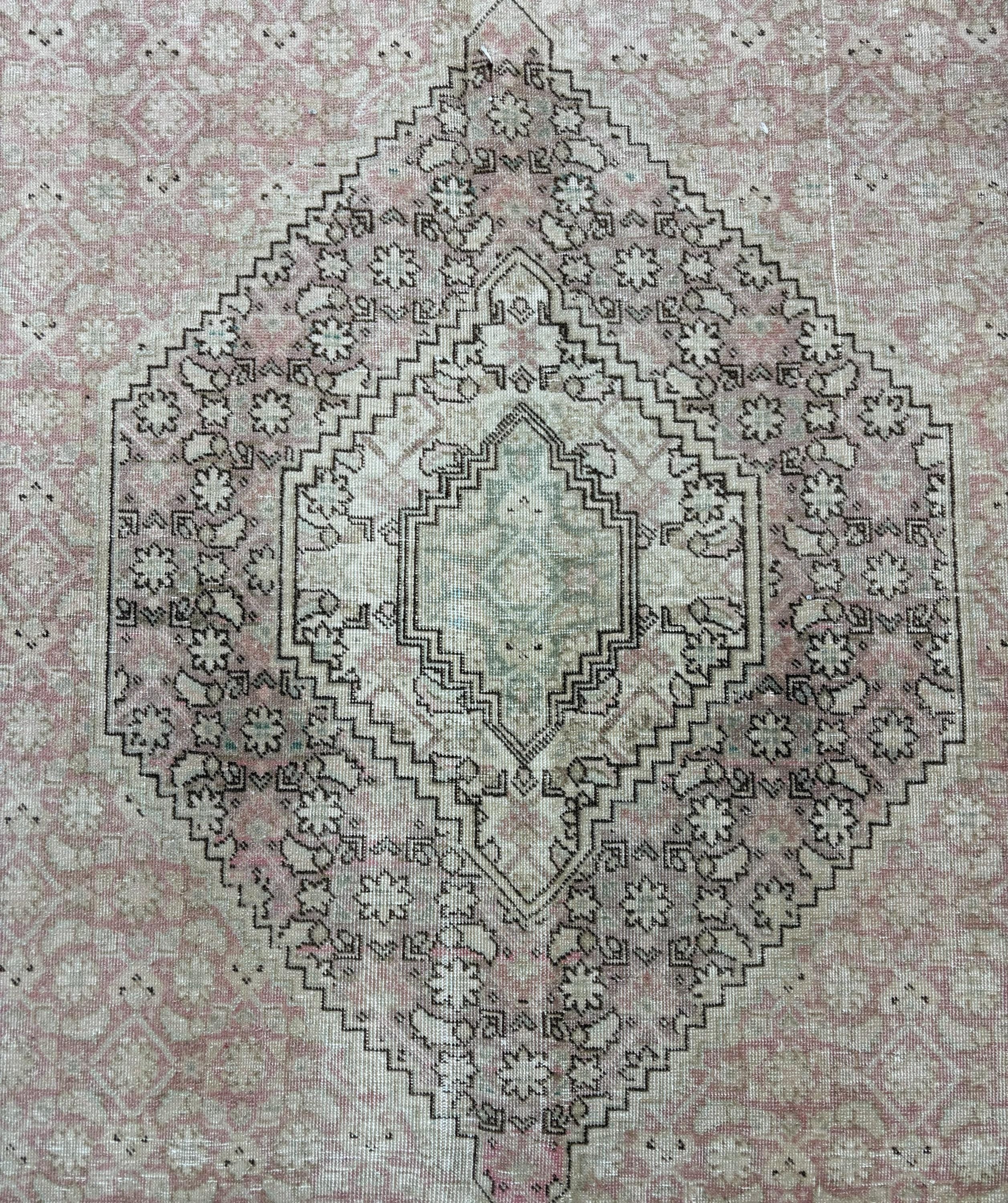Vintage Turkish Rug 8x11, Large Wool Area Rug, Faded Pink Beige Rug, Handmade Living Room Carpet, Muted Rose Medallion