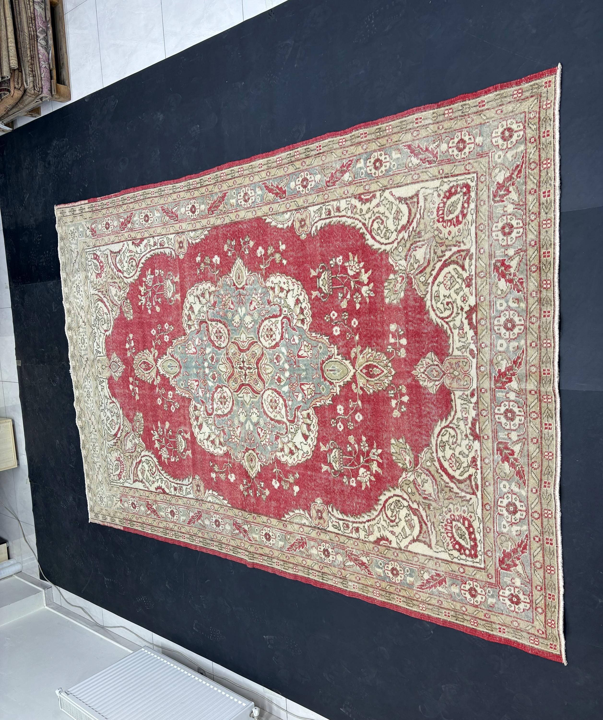 Vintage Turkish Rug 7x11, Wool Area Rug, Red Blue Medallion Rug, Handmade Oushak Living Room Carpet, 1950s Distressed Vintage