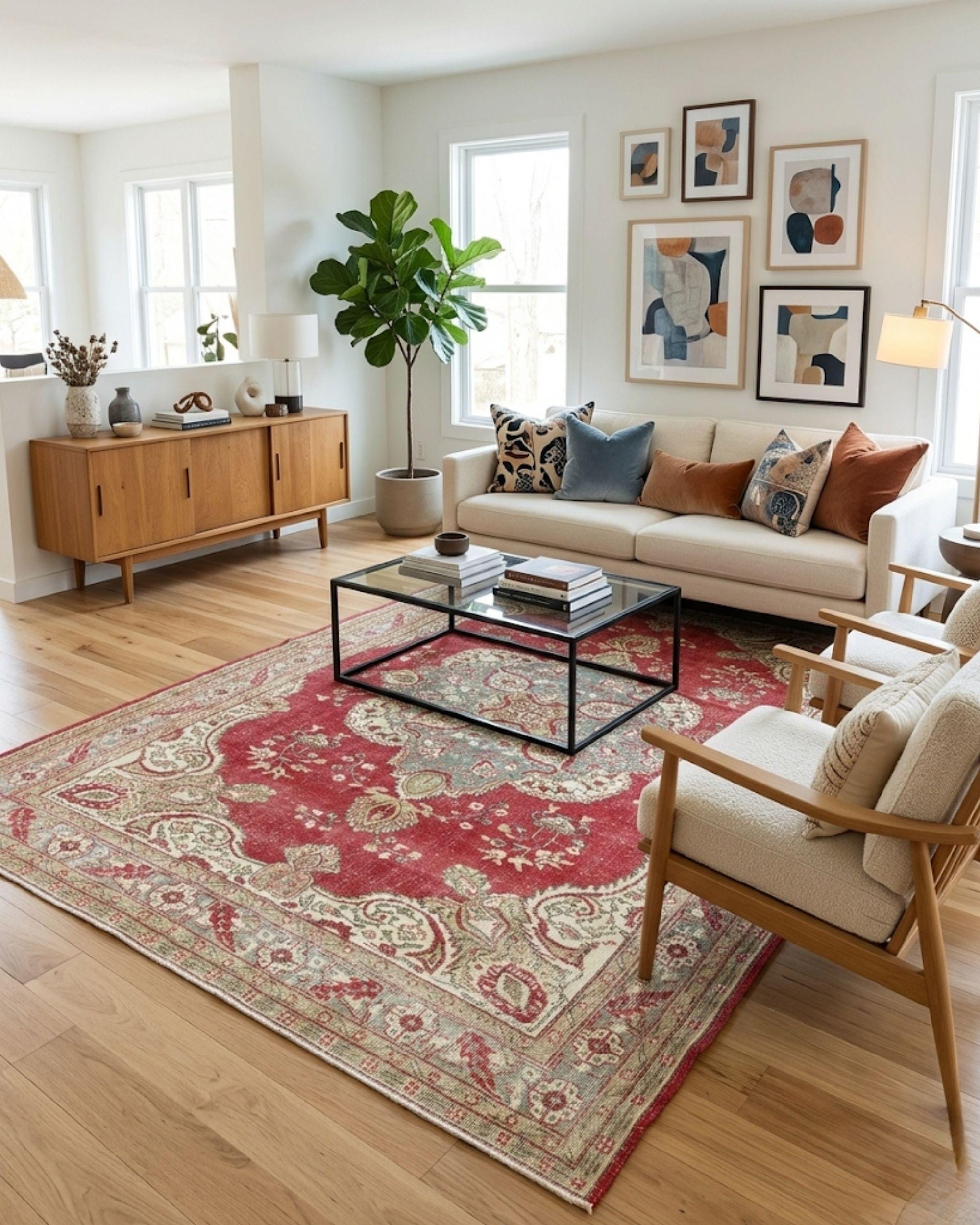 Vintage Turkish Rug 7x11, Wool Area Rug, Red Blue Medallion Rug, Handmade Oushak Living Room Carpet, 1950s Distressed Vintage