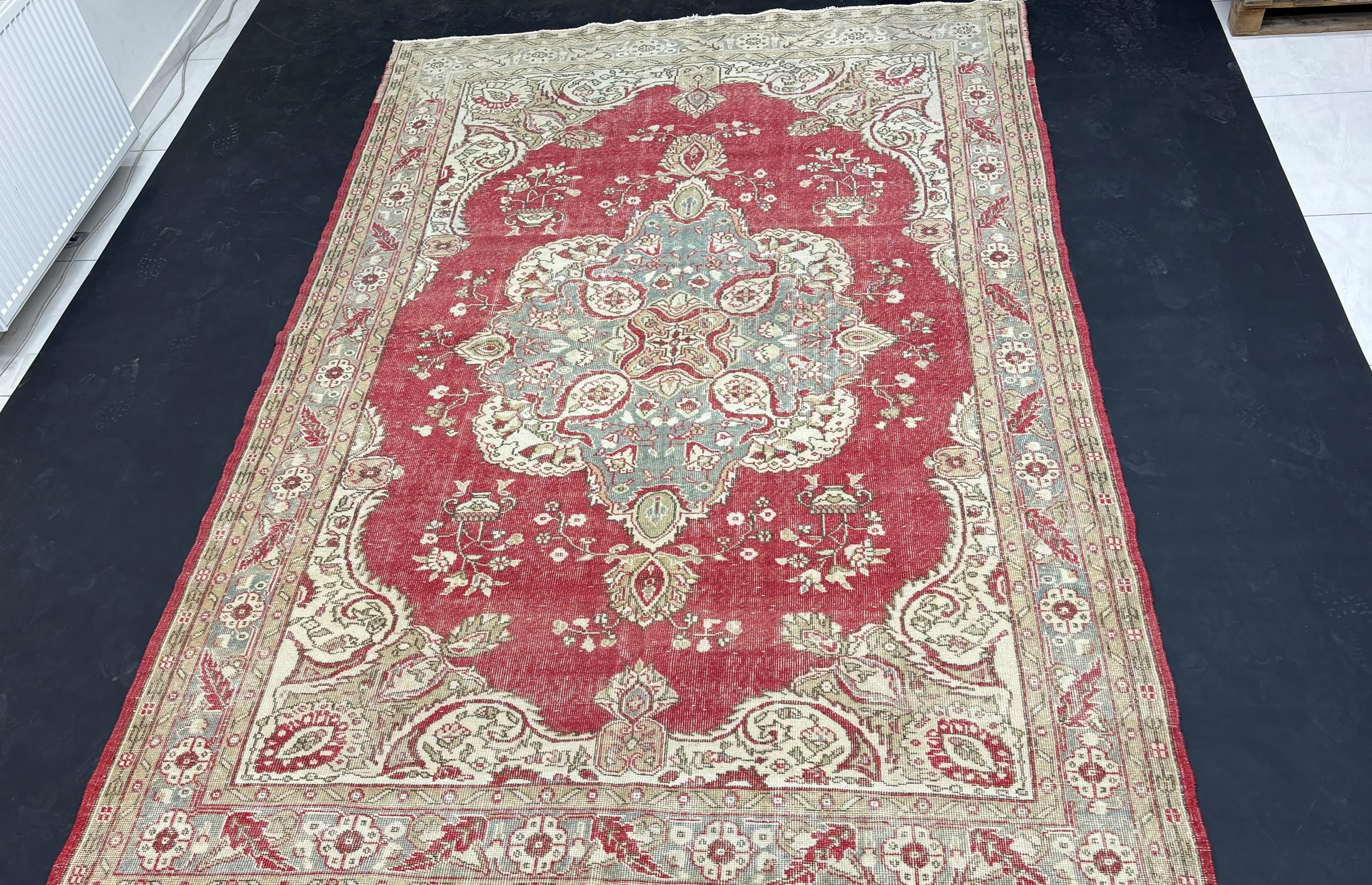Vintage Turkish Rug 7x11, Wool Area Rug, Red Blue Medallion Rug, Handmade Oushak Living Room Carpet, 1950s Distressed Vintage