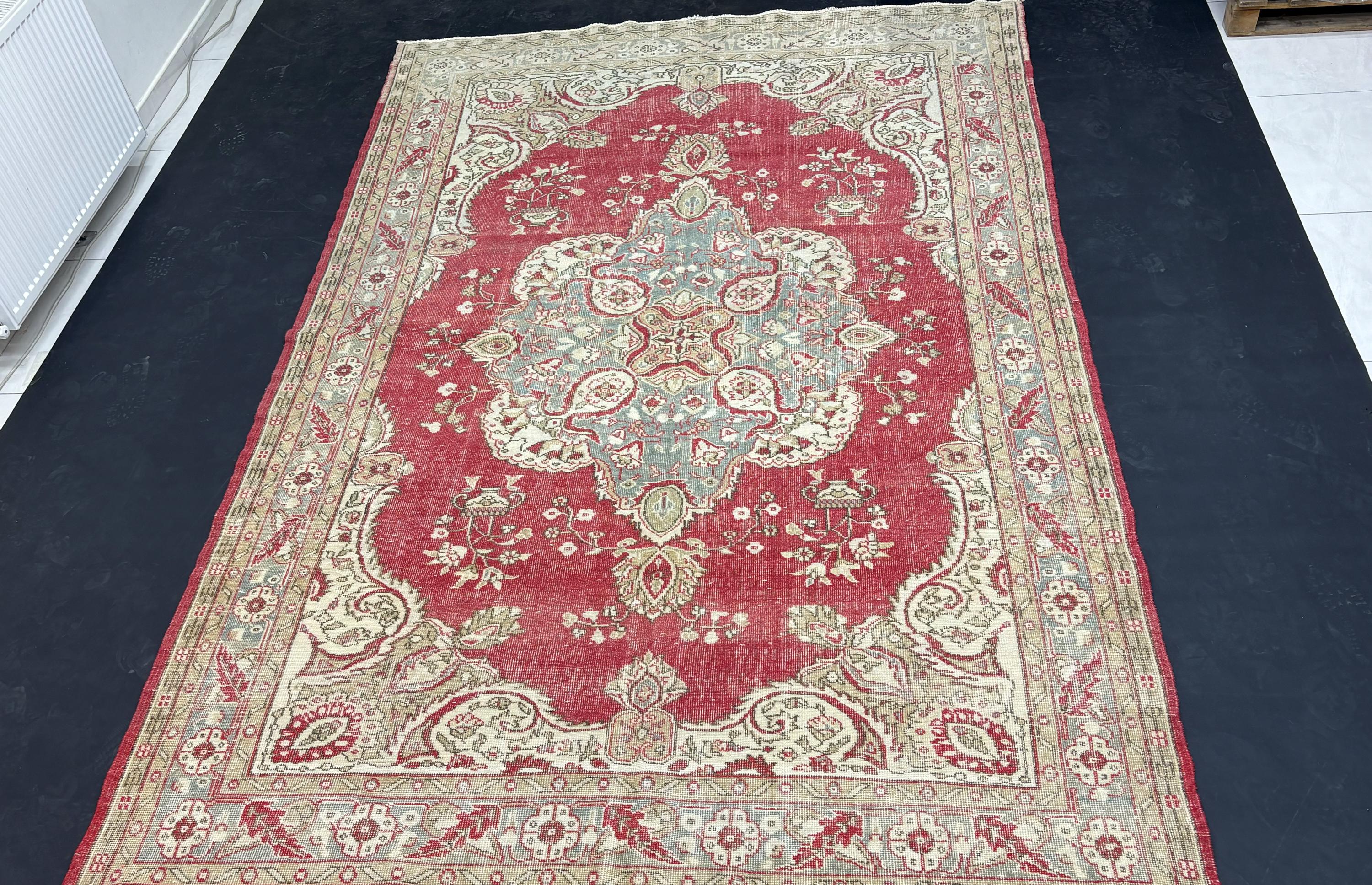 Vintage Turkish Rug 7x11, Wool Area Rug, Red Blue Medallion Rug, Handmade Oushak Living Room Carpet, 1950s Distressed Vintage