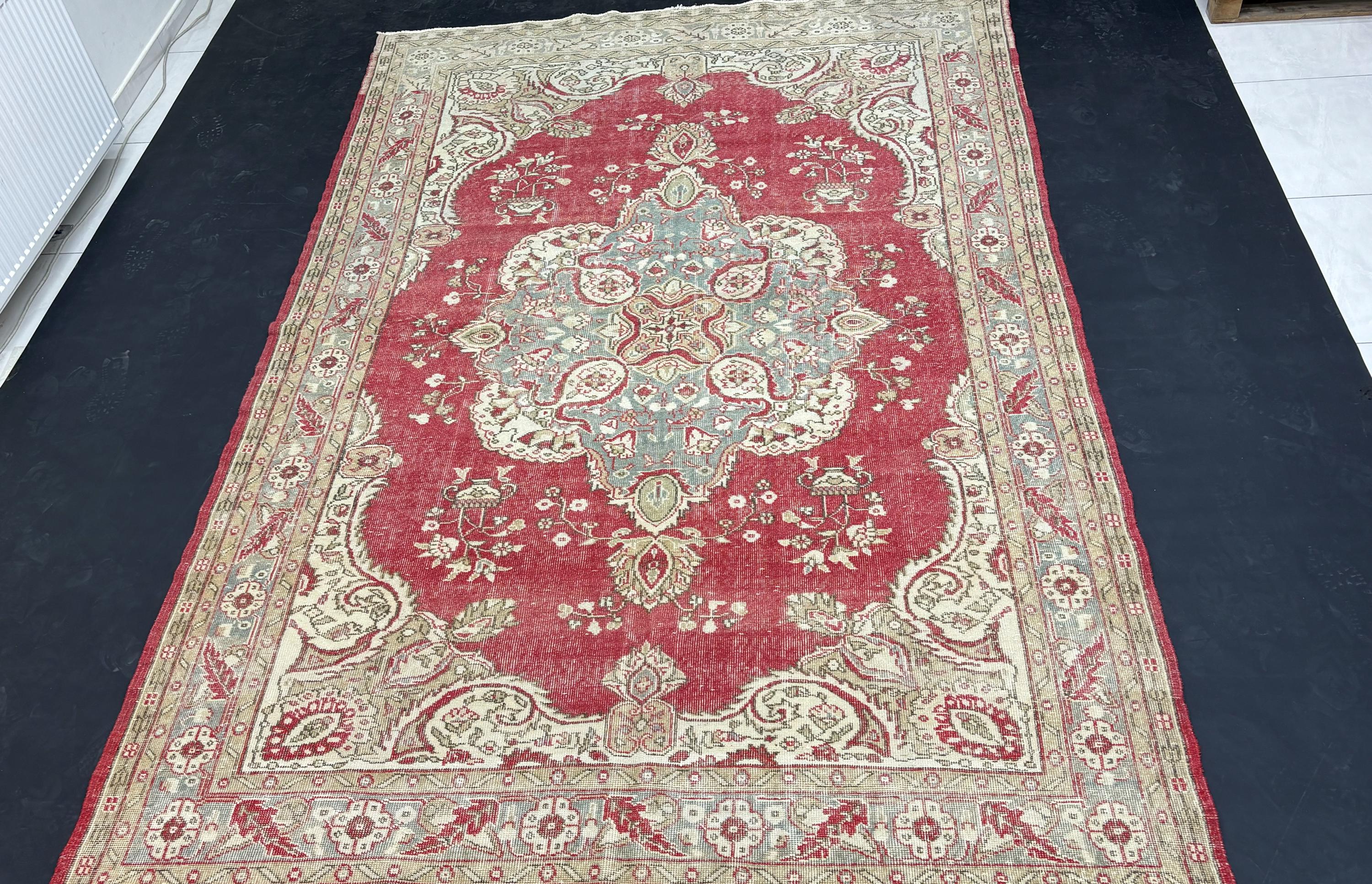 Vintage Turkish Rug 7x11, Wool Area Rug, Red Blue Medallion Rug, Handmade Oushak Living Room Carpet, 1950s Distressed Vintage