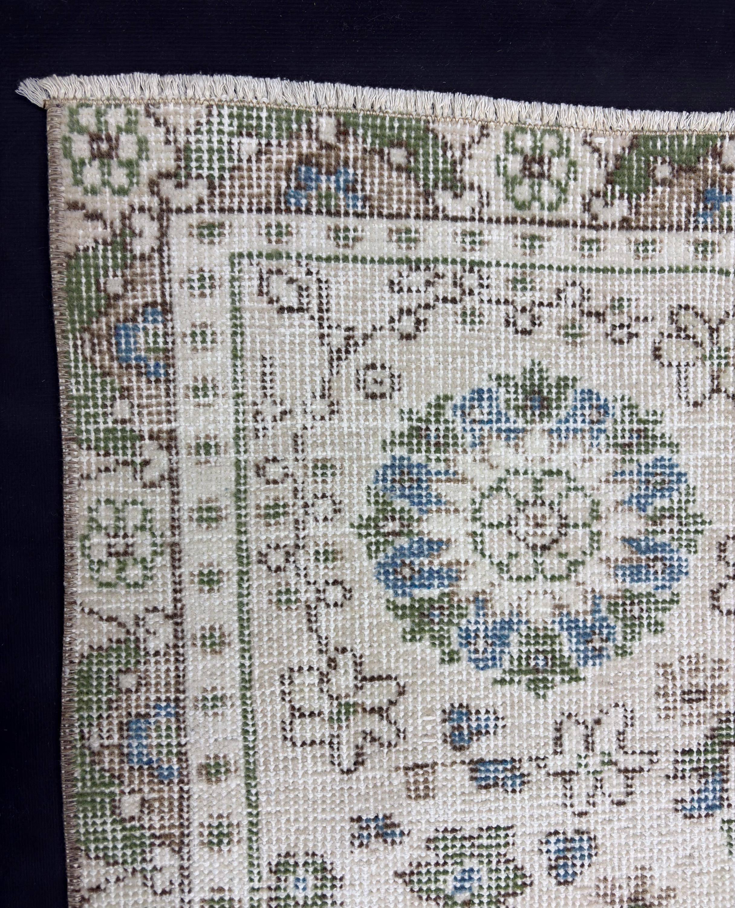 Vintage Turkish Rug 6x10, Distressed Wool Area Rug, Faded Cream Blue Green Rug, Handmade Oushak Living Room Carpet, Vintage