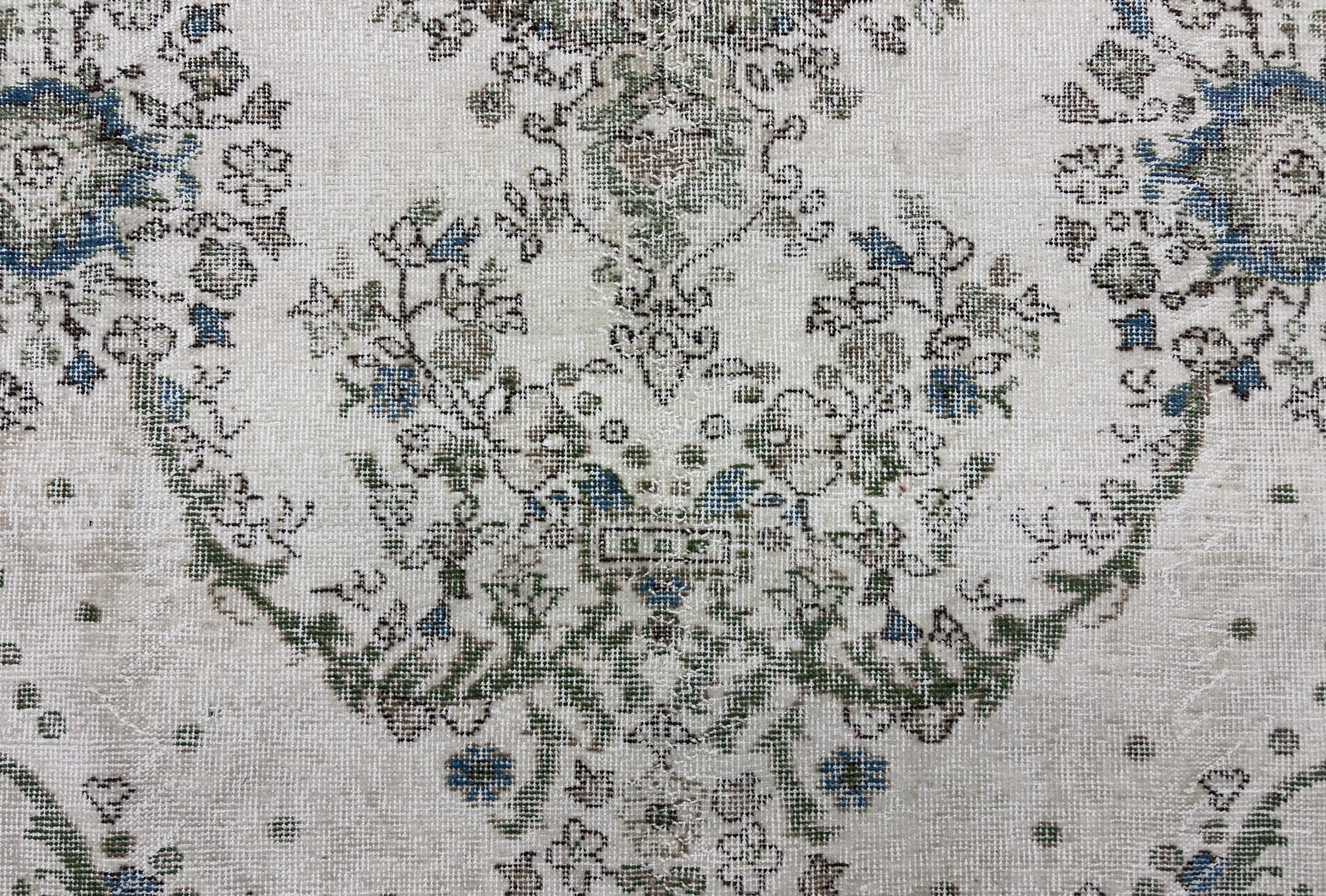 Vintage Turkish Rug 6x10, Distressed Wool Area Rug, Faded Cream Blue Green Rug, Handmade Oushak Living Room Carpet, Vintage