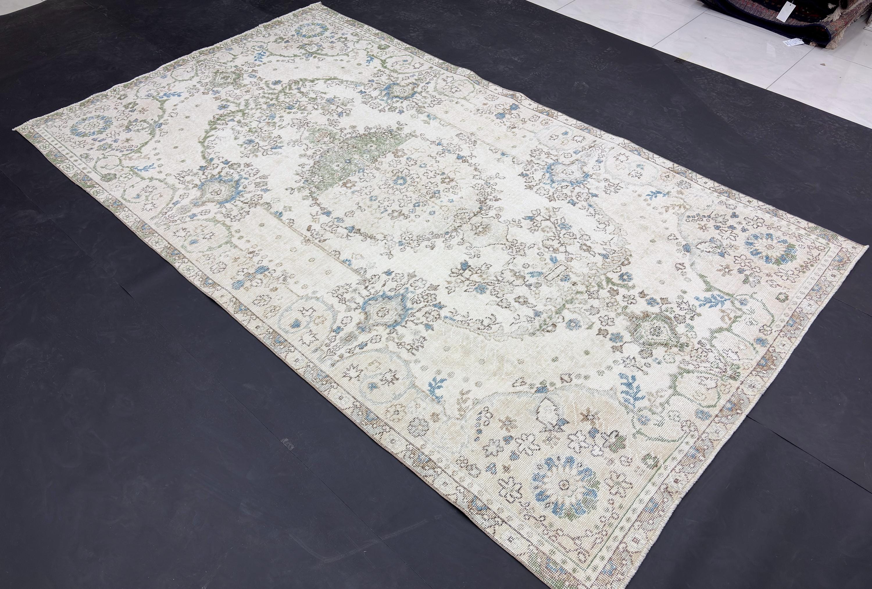 Vintage Turkish Rug 6x10, Distressed Wool Area Rug, Faded Cream Blue Green Rug, Handmade Oushak Living Room Carpet, Vintage