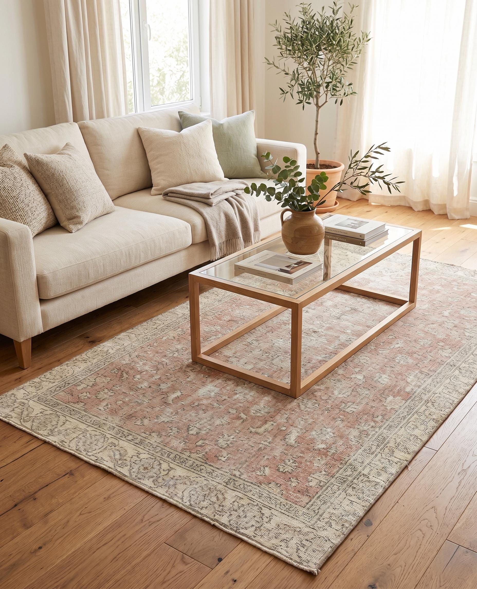 Vintage Rug 5x8, Distressed Wool Area Rug, Faded Pink Coral Salmon Rug, Handmade Living Room Carpet, Muted Boho Vintage