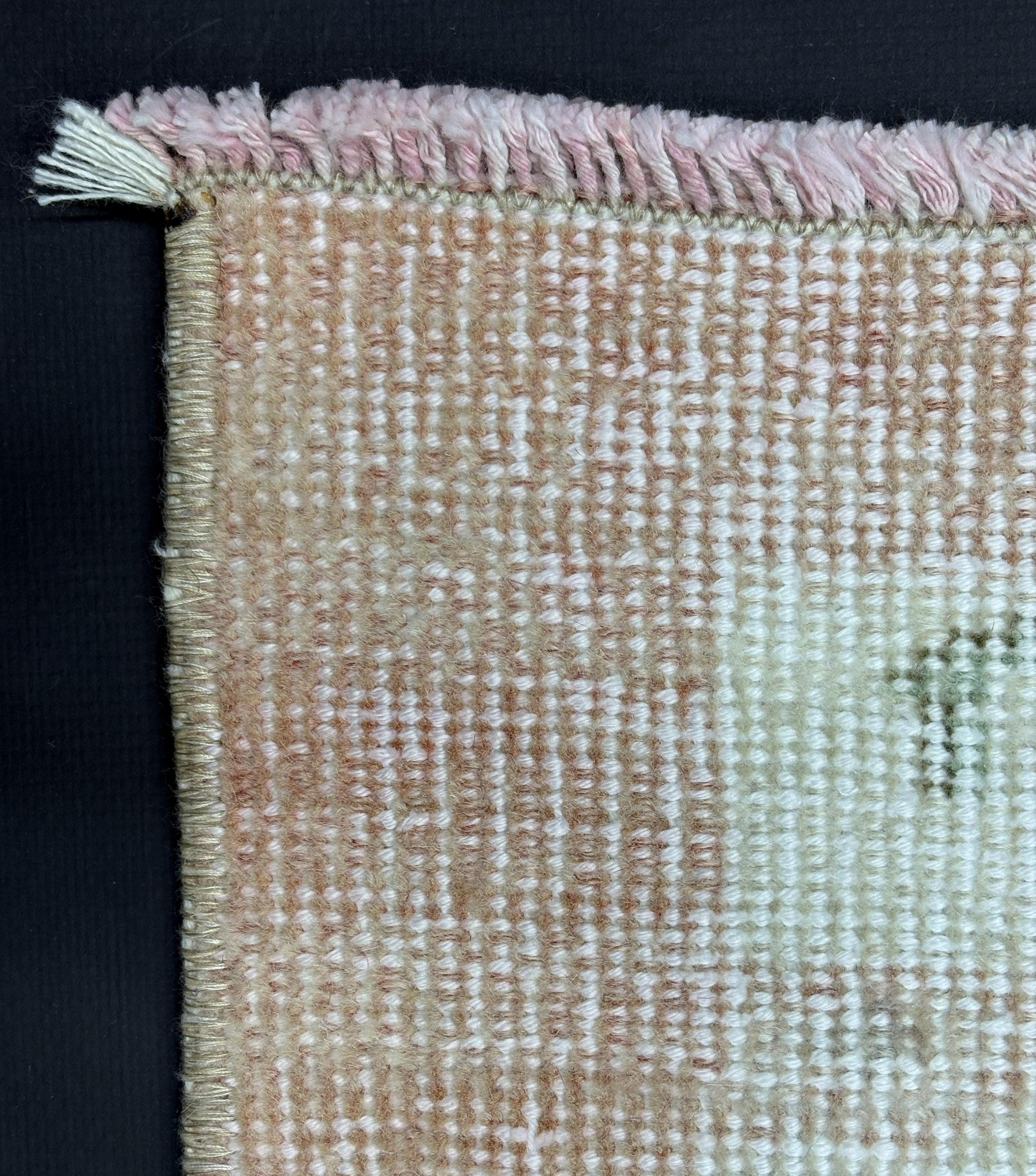 Small Wool Area Rug, Faded Peach Cream Floral Rug, Handmade Distressed Bedroom Rug, Shabby Chic Cottage Vintage Rug
