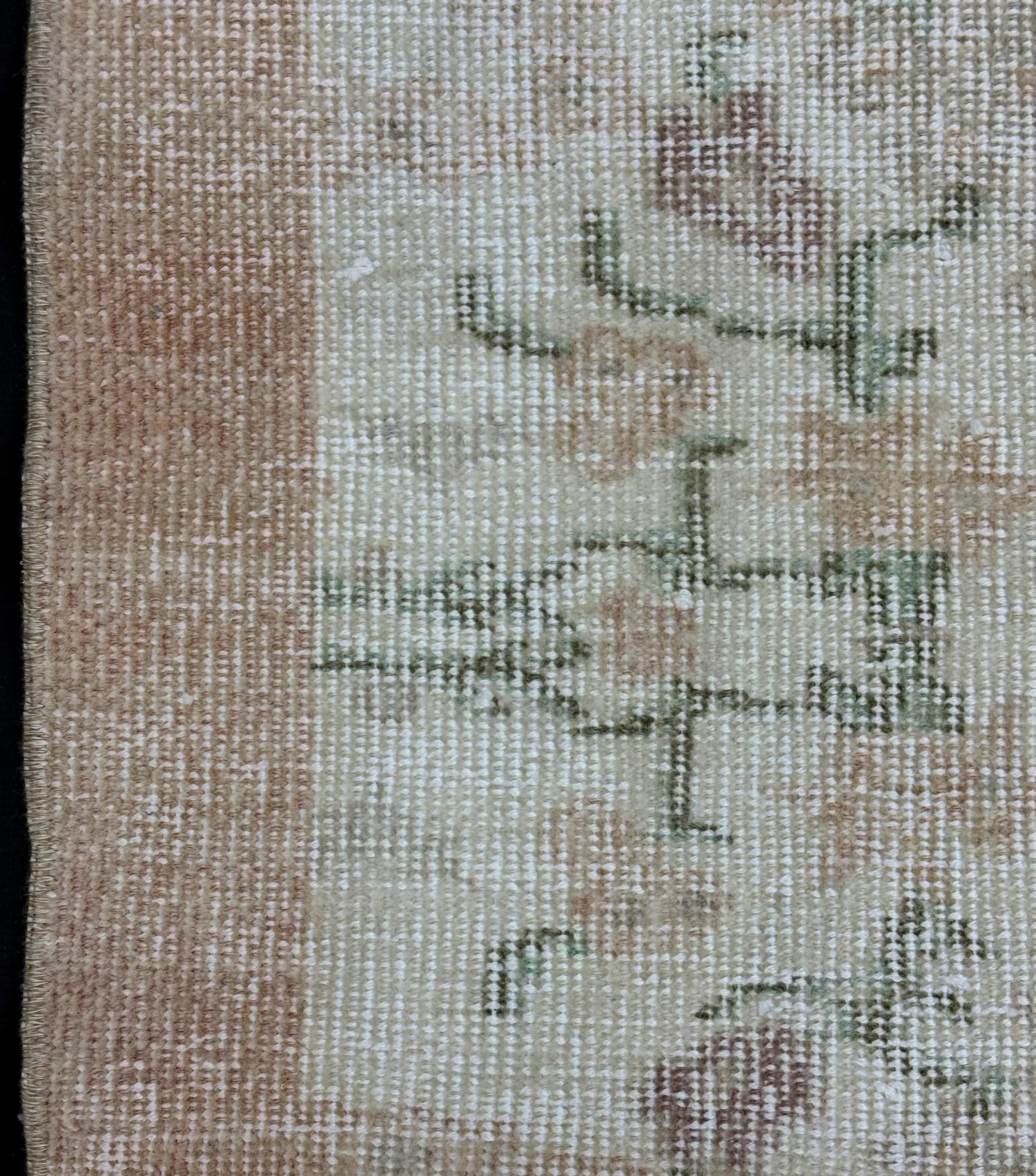 Small Wool Area Rug, Faded Peach Cream Floral Rug, Handmade Distressed Bedroom Rug, Shabby Chic Cottage Vintage Rug
