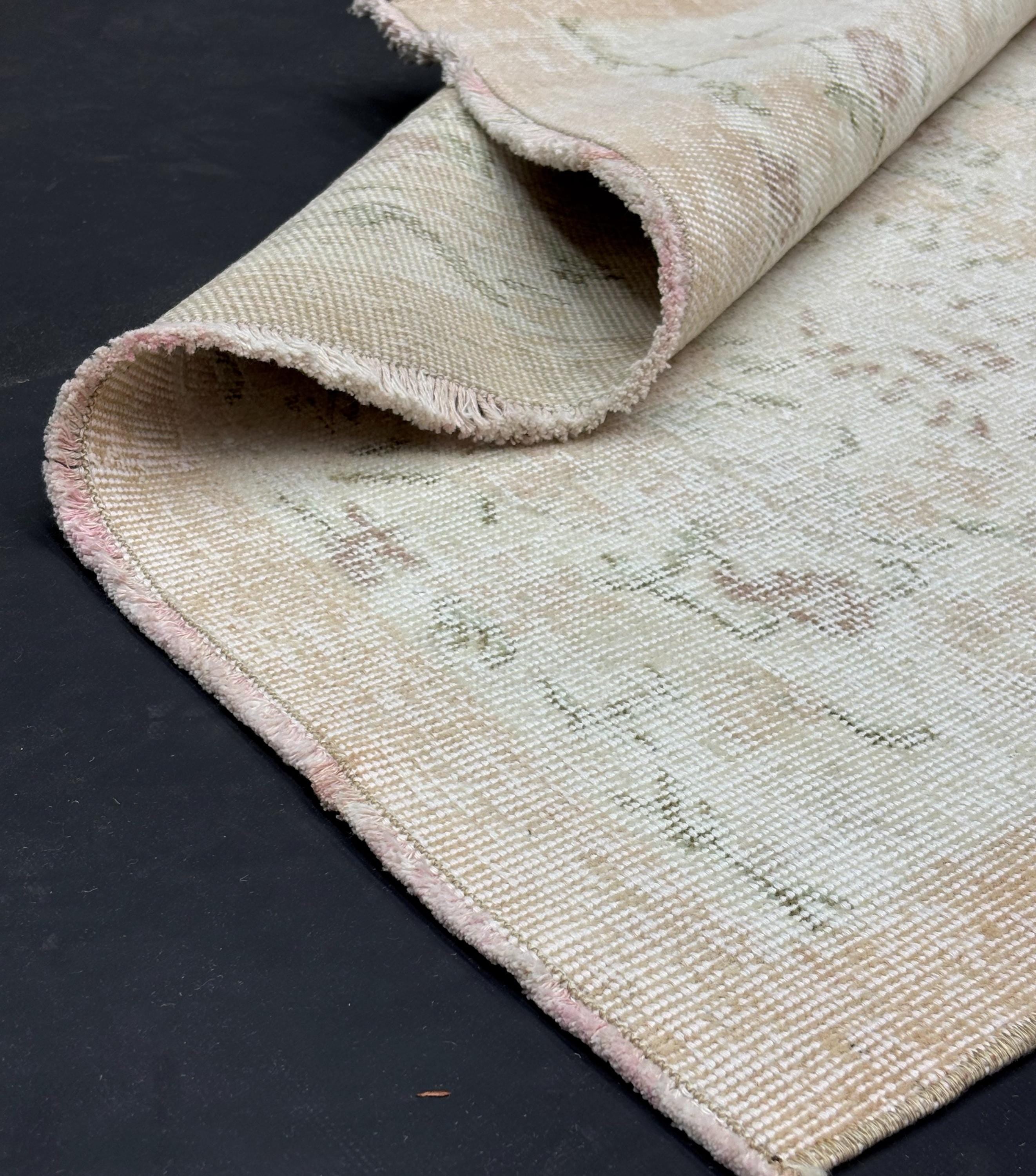 Small Wool Area Rug, Faded Peach Cream Floral Rug, Handmade Distressed Bedroom Rug, Shabby Chic Cottage Vintage Rug