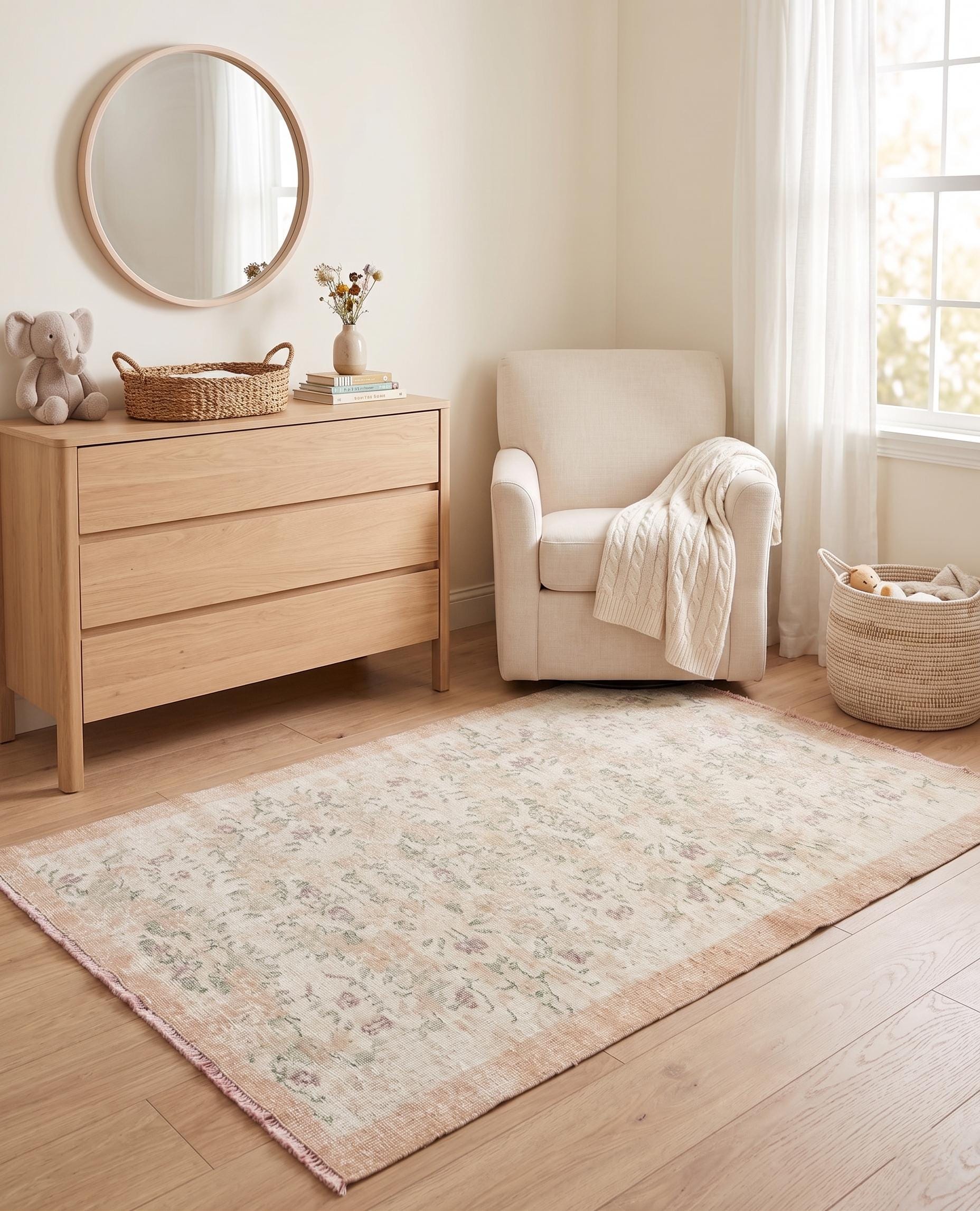 Small Wool Area Rug, Faded Peach Cream Floral Rug, Handmade Distressed Bedroom Rug, Shabby Chic Cottage Vintage Rug