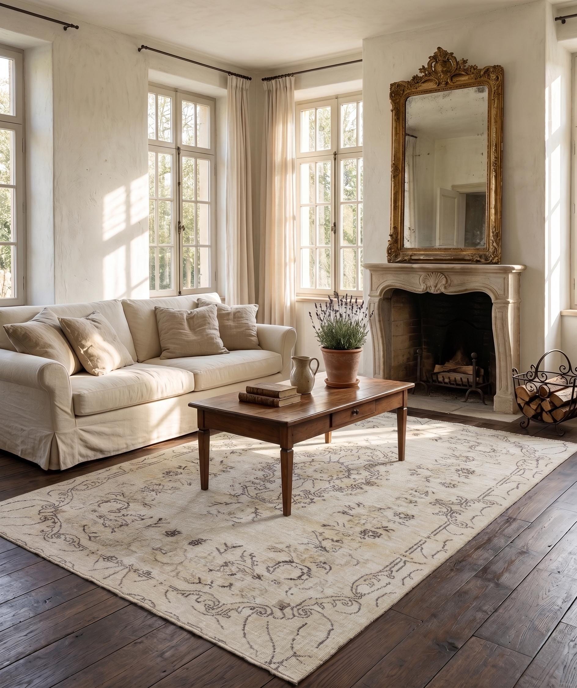 Vintage Turkish Rug 5.6x9.5 ft, Faded Aubusson Style Rug, Distressed Ivory Wool Area Rug, Handmade 1980s Anatolian Carpet