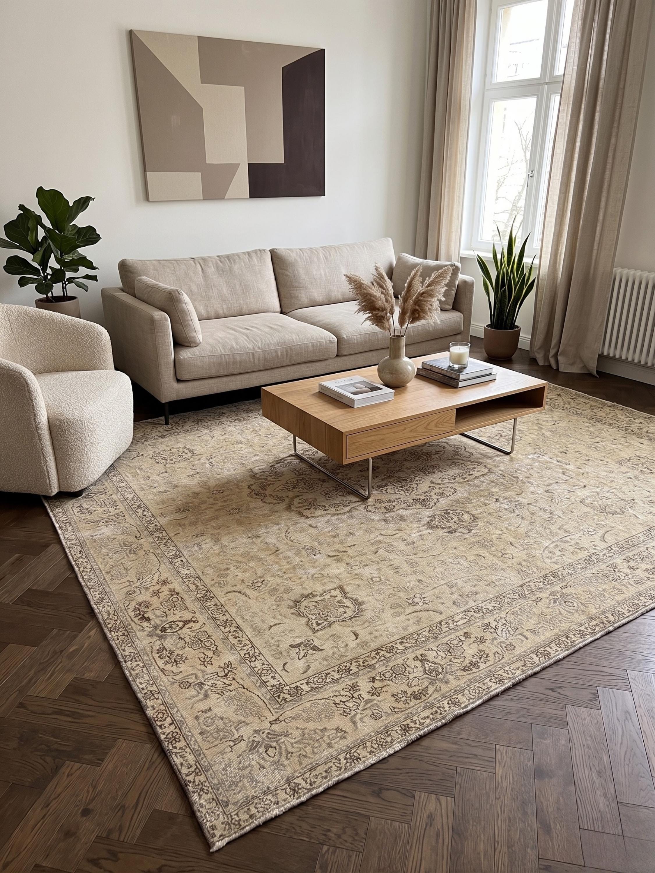 Vintage Oushak Rug, Muted Neutral Area Rug, Distressed Turkish Rug, Soft Beige Large Carpet, Organic Wool Boho Rug