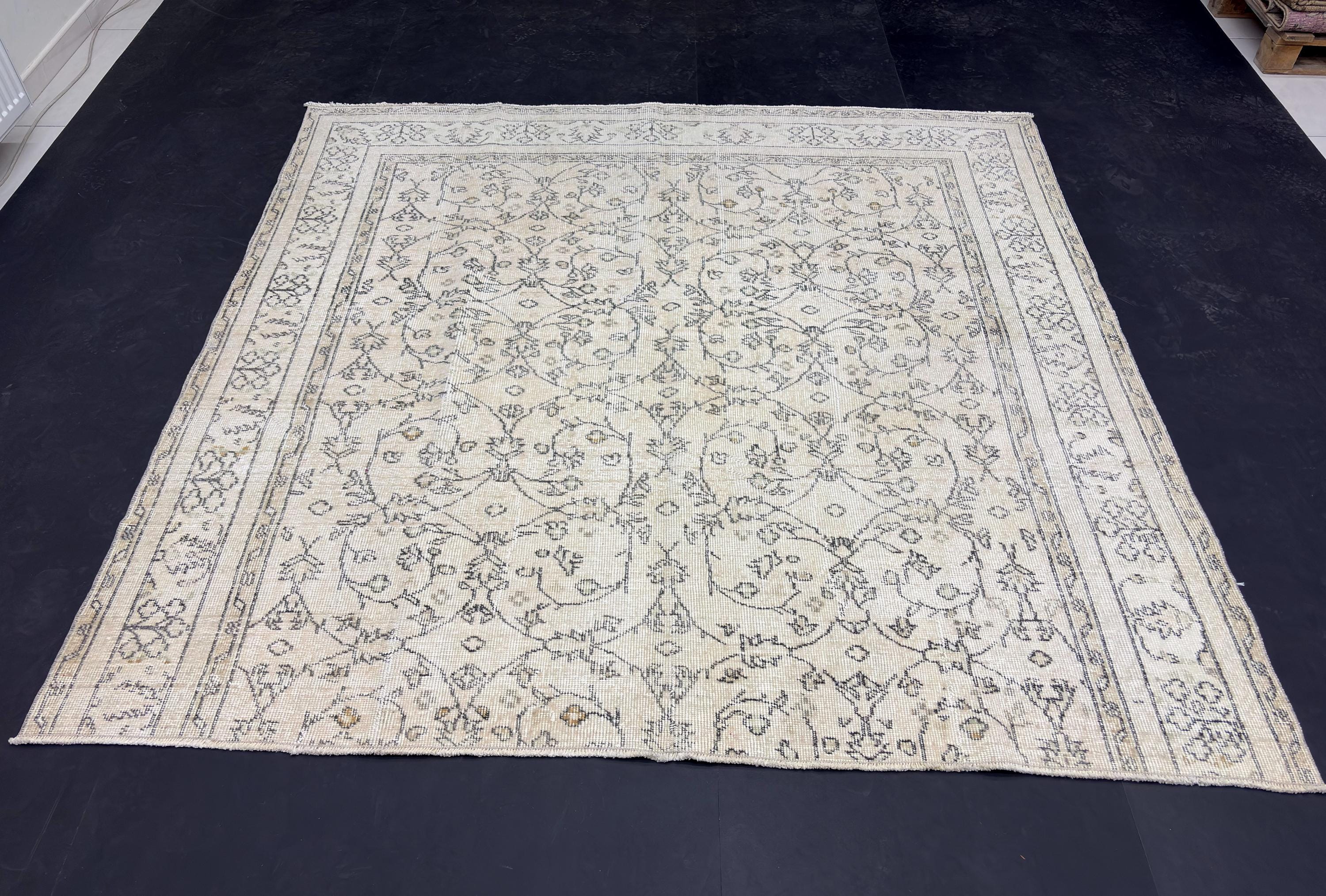 Vintage Turkish Square Rug 7x7, Distressed Ivory Wool Area Rug, 1980s Handmade Faded Floral Oushak Style Rug, Neutral Beige