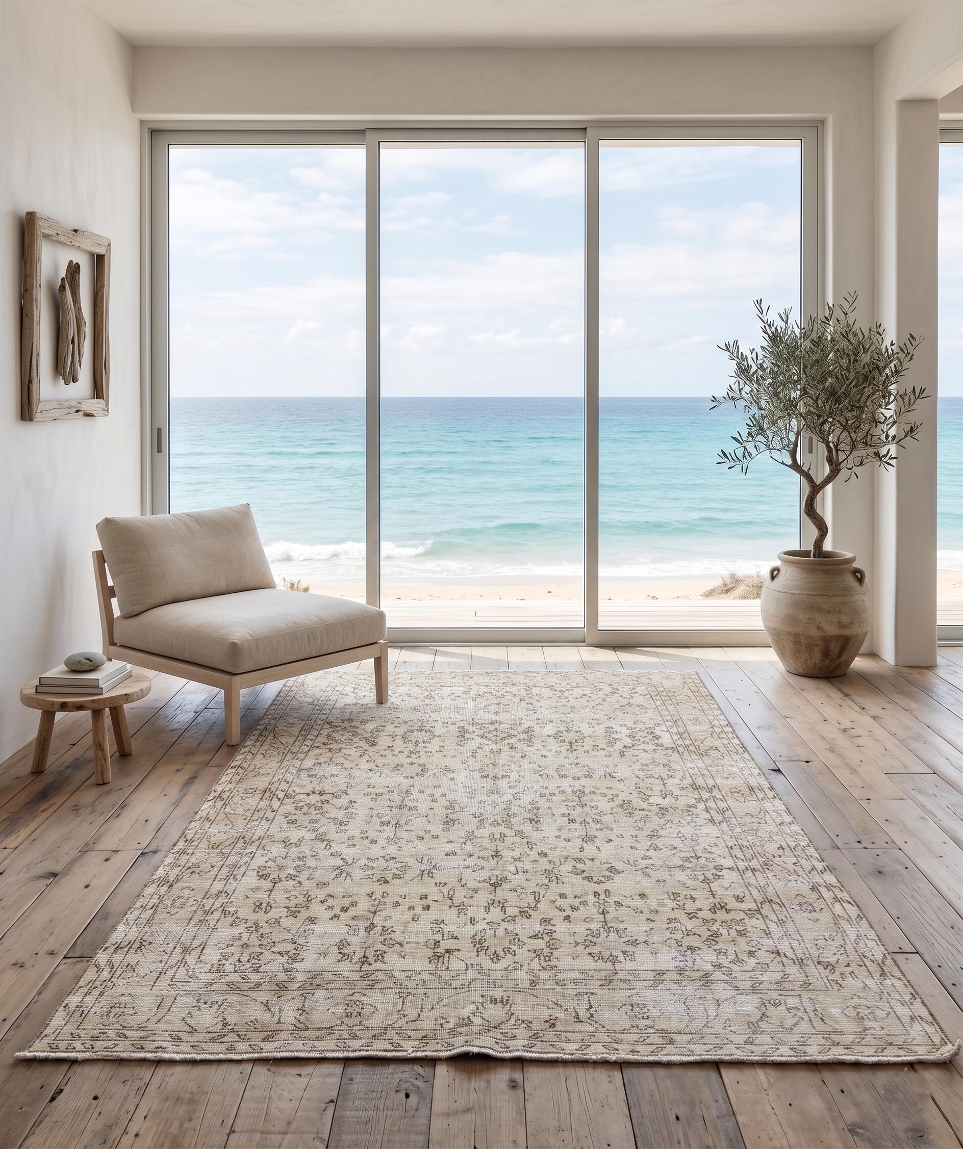 Vintage Turkish Rug 7x10, Distressed Beige Wool Area Rug, 1980s Handmade Faded Herati Floral Oushak, Neutral Sand Boho Living