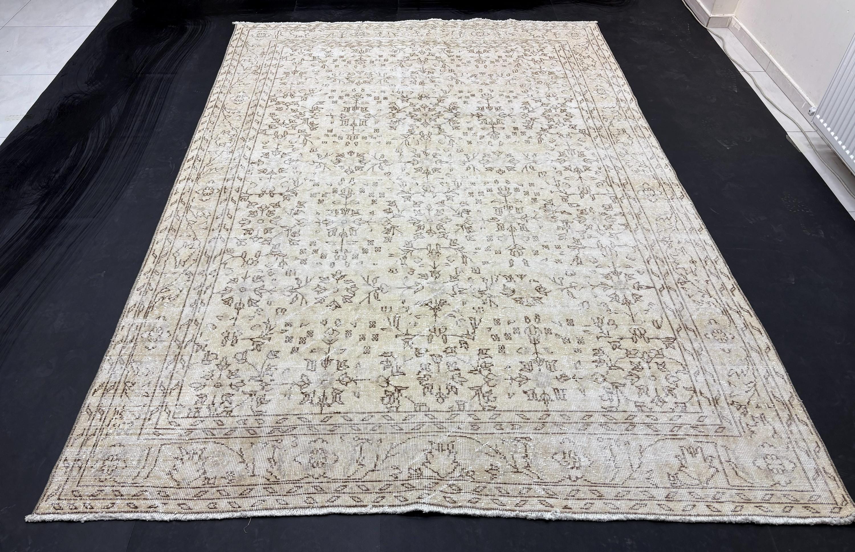 Vintage Turkish Rug 7x10, Distressed Beige Wool Area Rug, 1980s Handmade Faded Herati Floral Oushak, Neutral Sand Boho Living