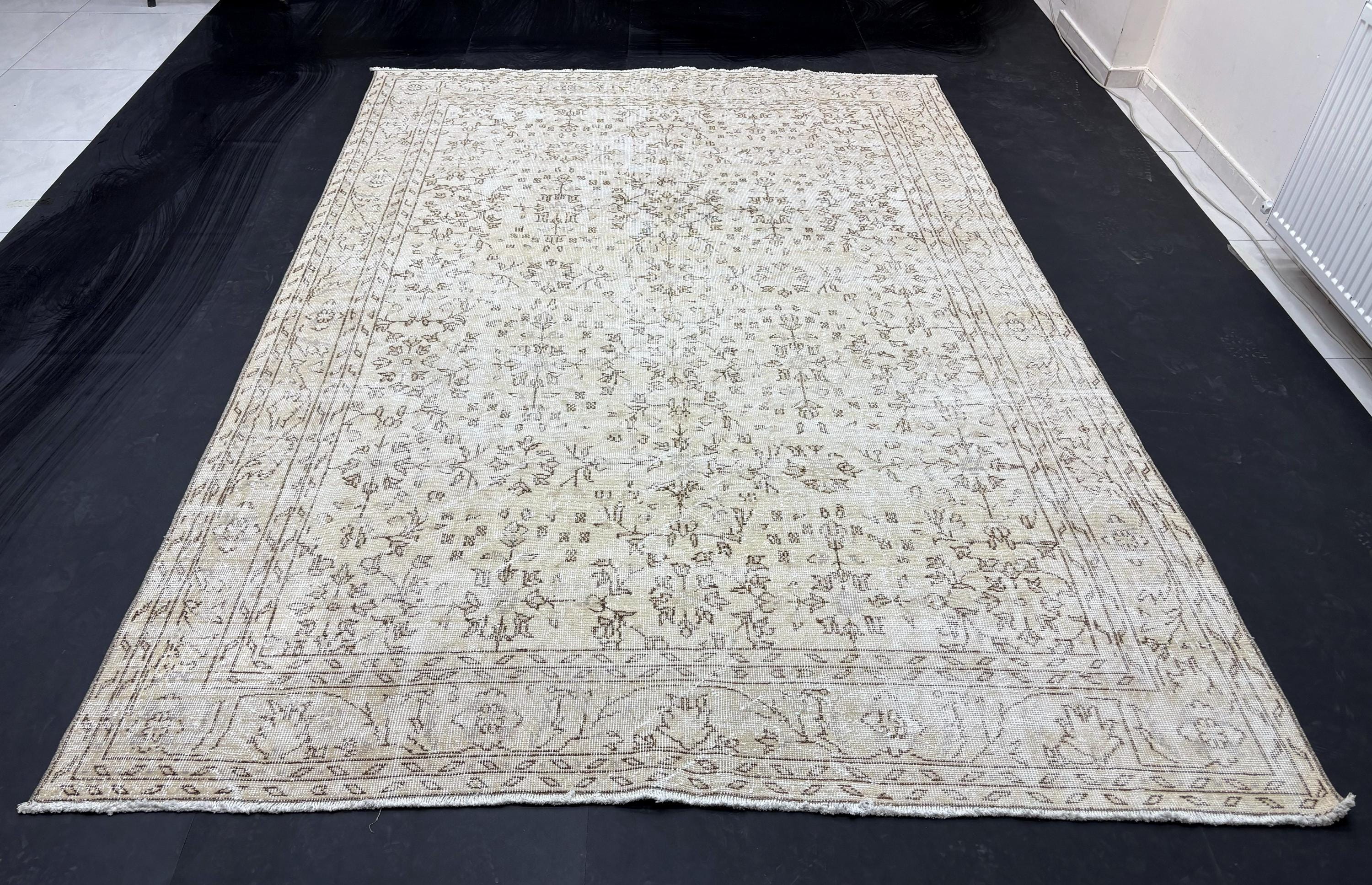 Vintage Turkish Rug 7x10, Distressed Beige Wool Area Rug, 1980s Handmade Faded Herati Floral Oushak, Neutral Sand Boho Living