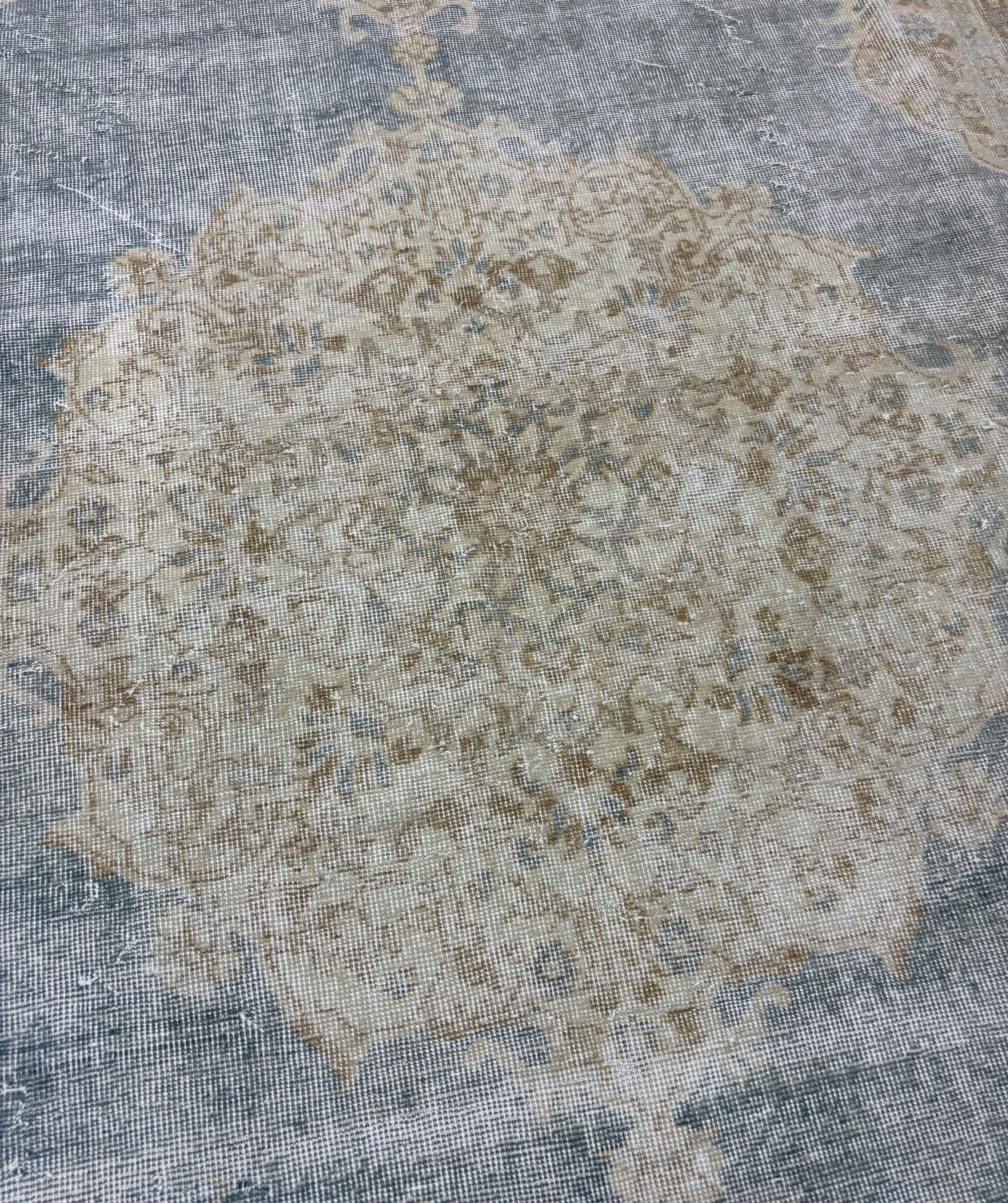 1980s Vintage Turkish Wool Rug, Blue Beige Anatolian Area Rug, Large Distressed Oushak Style Rug, 206x308 cm