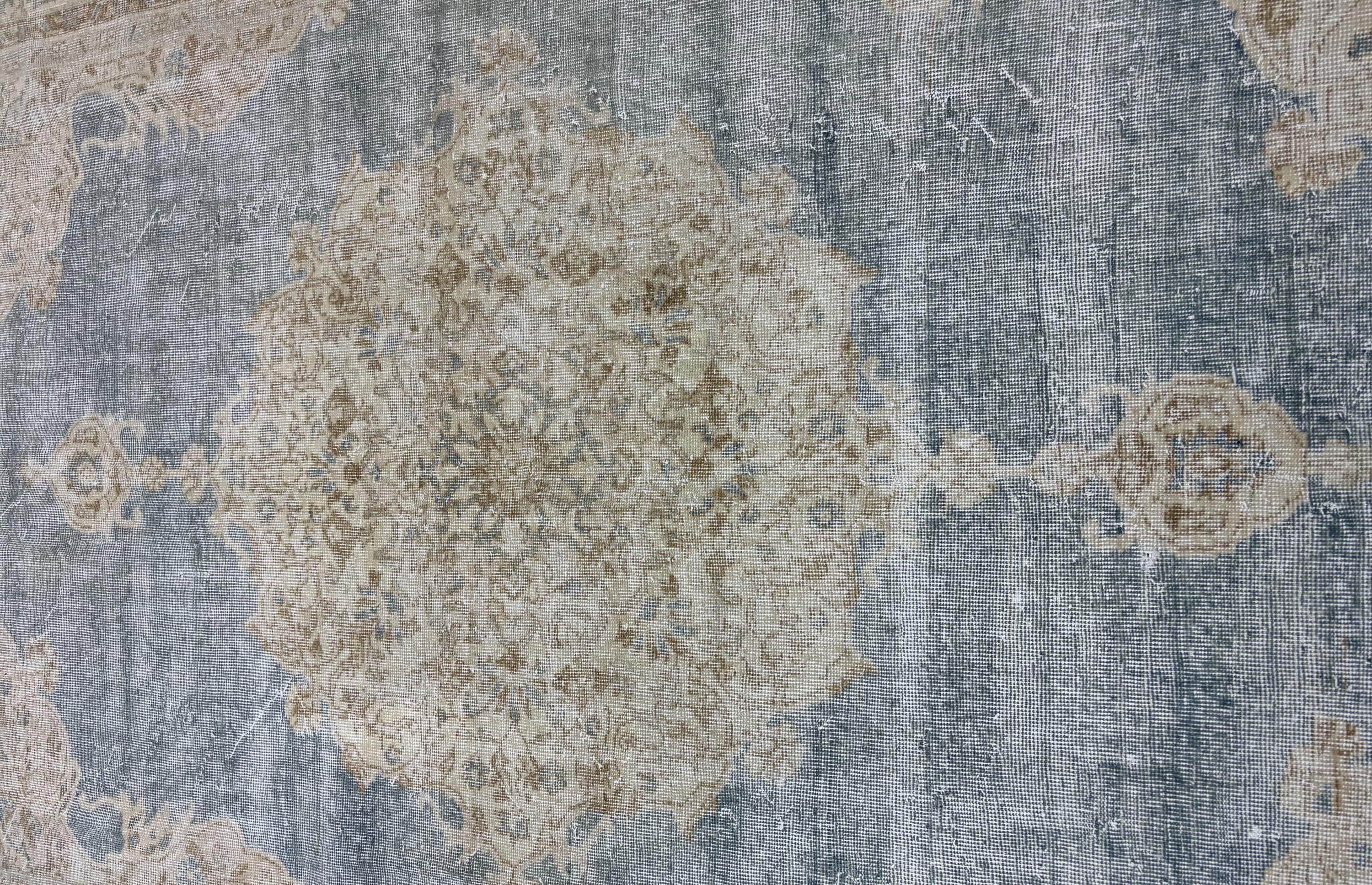 1980s Vintage Turkish Wool Rug, Blue Beige Anatolian Area Rug, Large Distressed Oushak Style Rug, 206x308 cm
