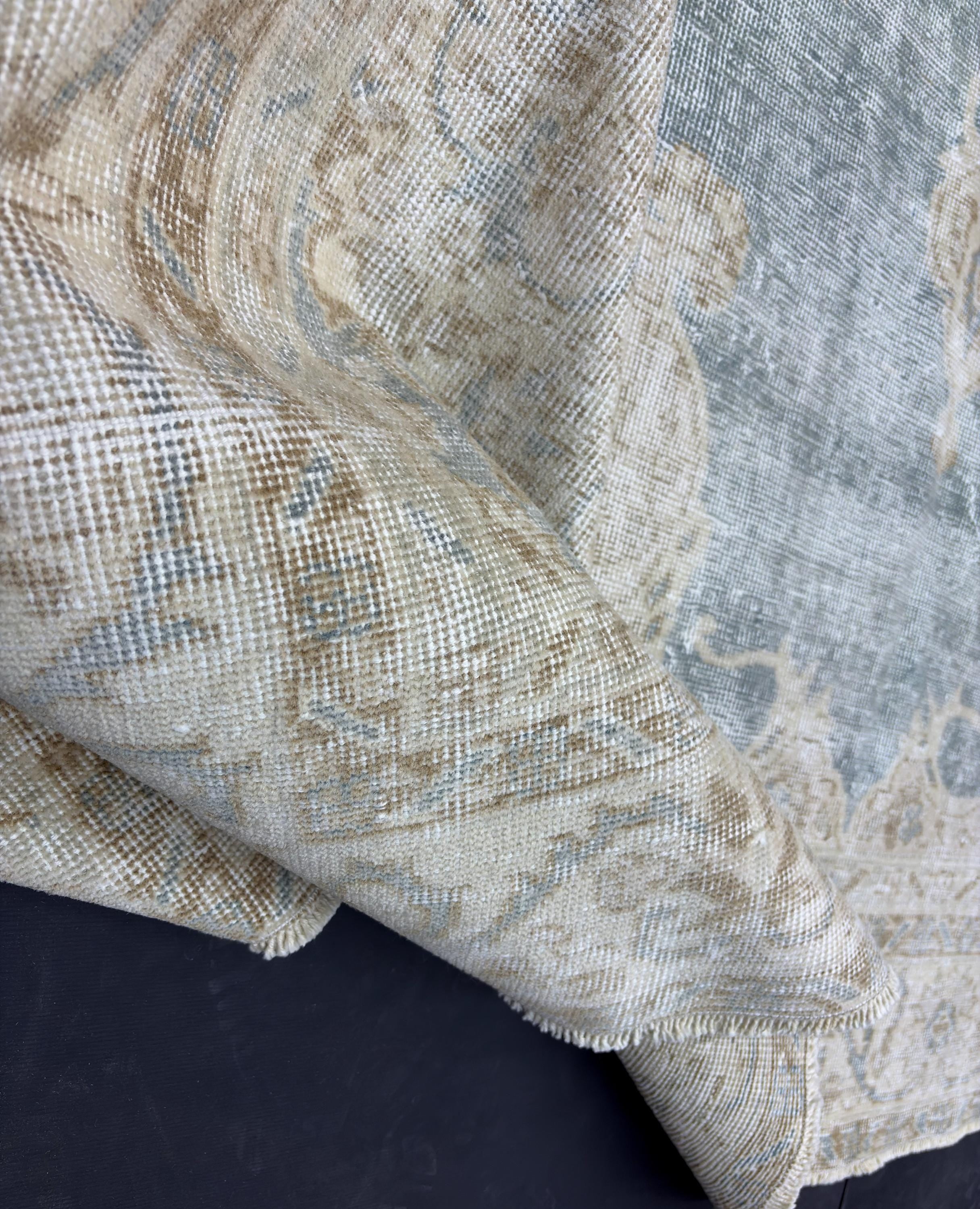 1980s Vintage Turkish Wool Rug, Blue Beige Anatolian Area Rug, Large Distressed Oushak Style Rug, 206x308 cm