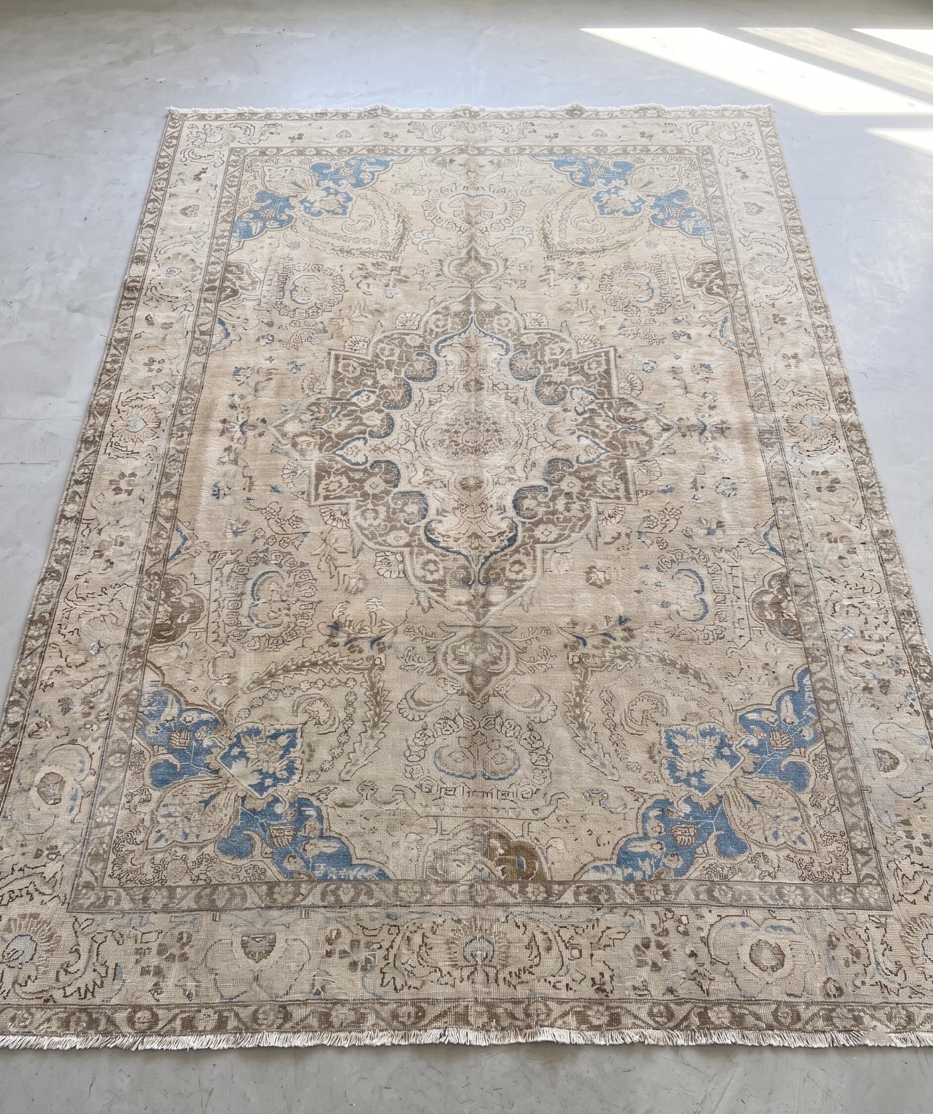 1980s Vintage Turkish Rug 9x12, Beige Blue Distressed Area Rug, Large Oushak Style Living Room Carpet, One of a Kind Rug