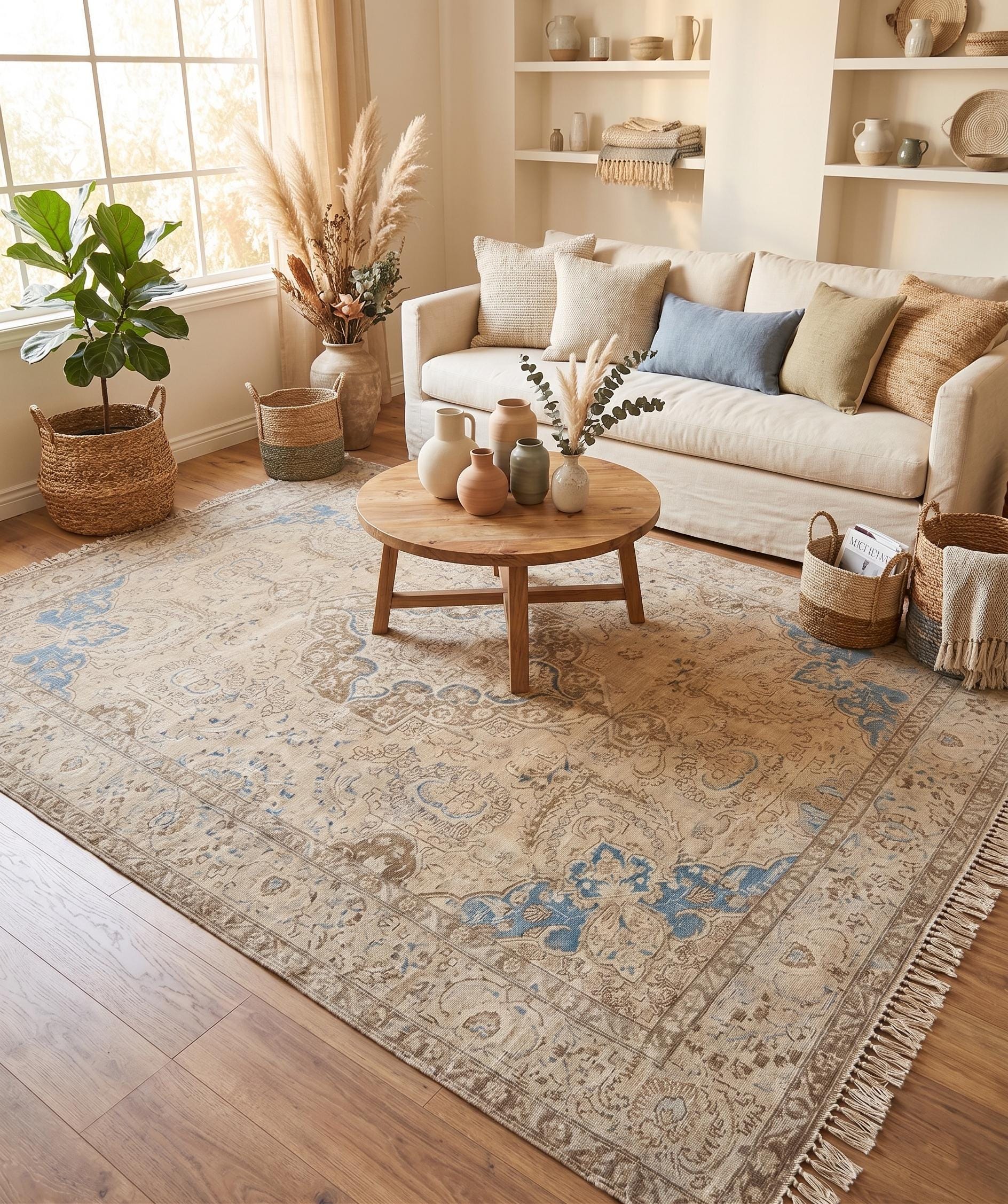 1980s Vintage Turkish Rug 9x12, Beige Blue Distressed Area Rug, Large Oushak Style Living Room Carpet, One of a Kind Rug
