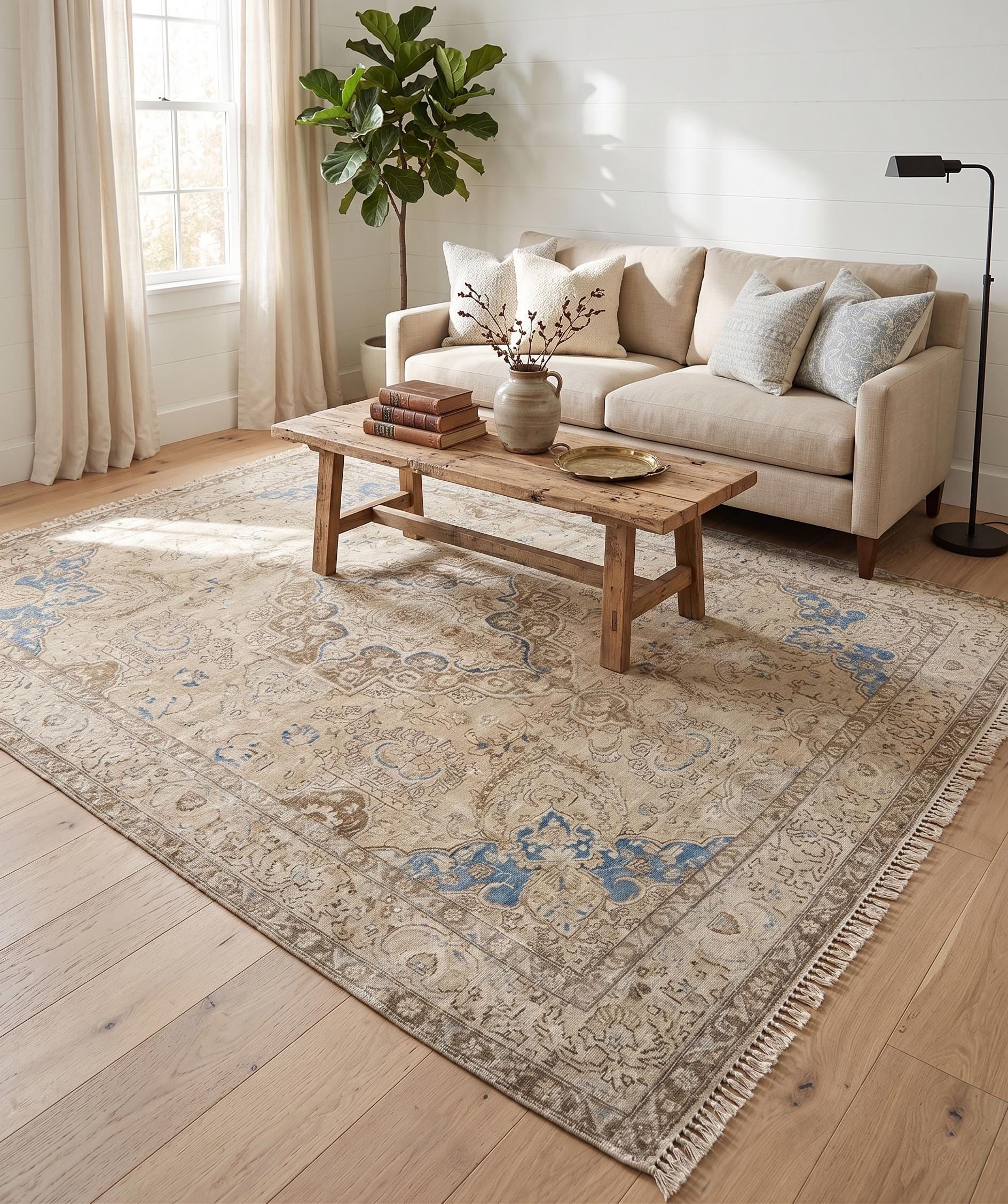 1980s Vintage Turkish Rug 9x12, Beige Blue Distressed Area Rug, Large Oushak Style Living Room Carpet, One of a Kind Rug