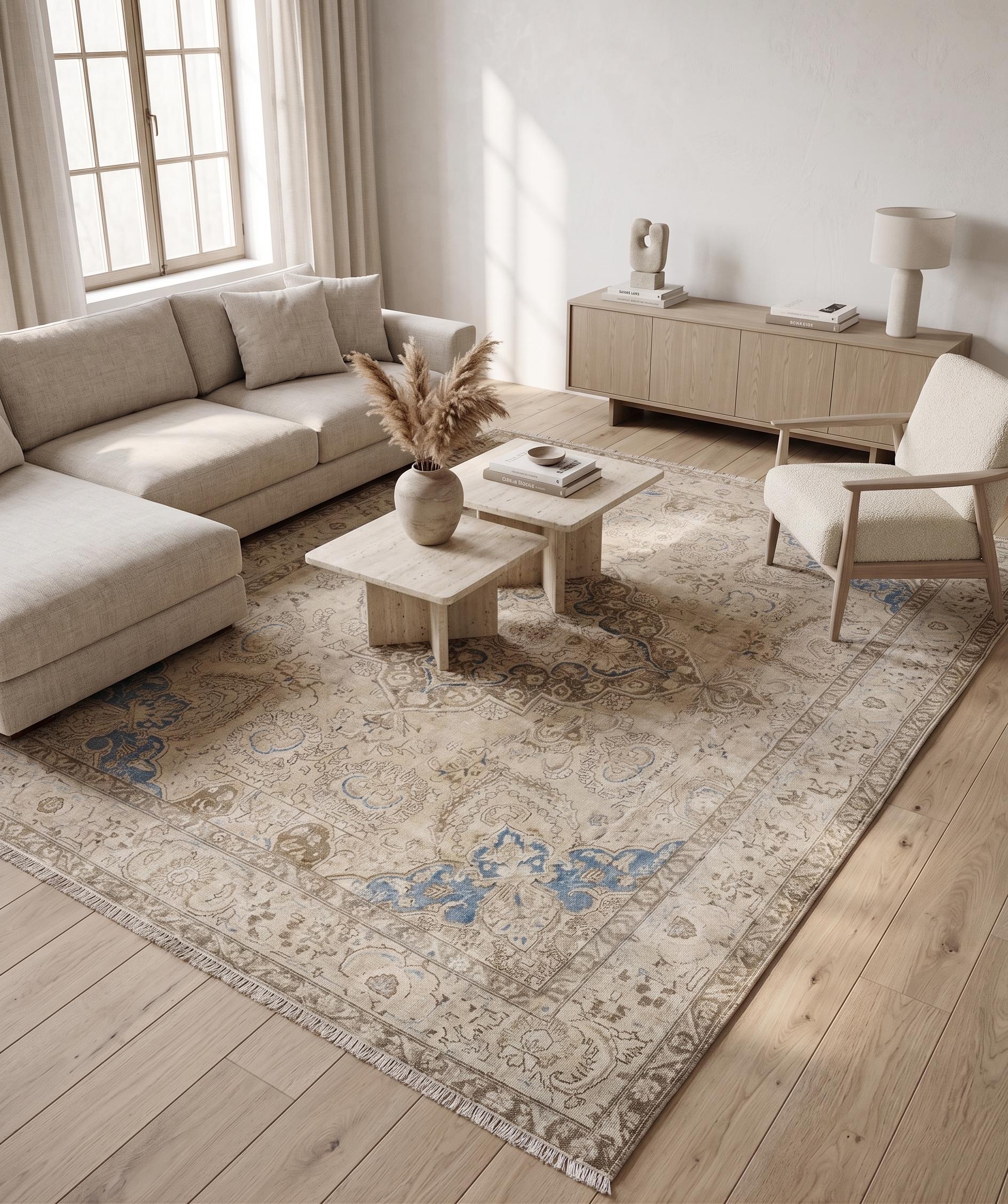 1980s Vintage Turkish Rug 9x12, Beige Blue Distressed Area Rug, Large Oushak Style Living Room Carpet, One of a Kind Rug