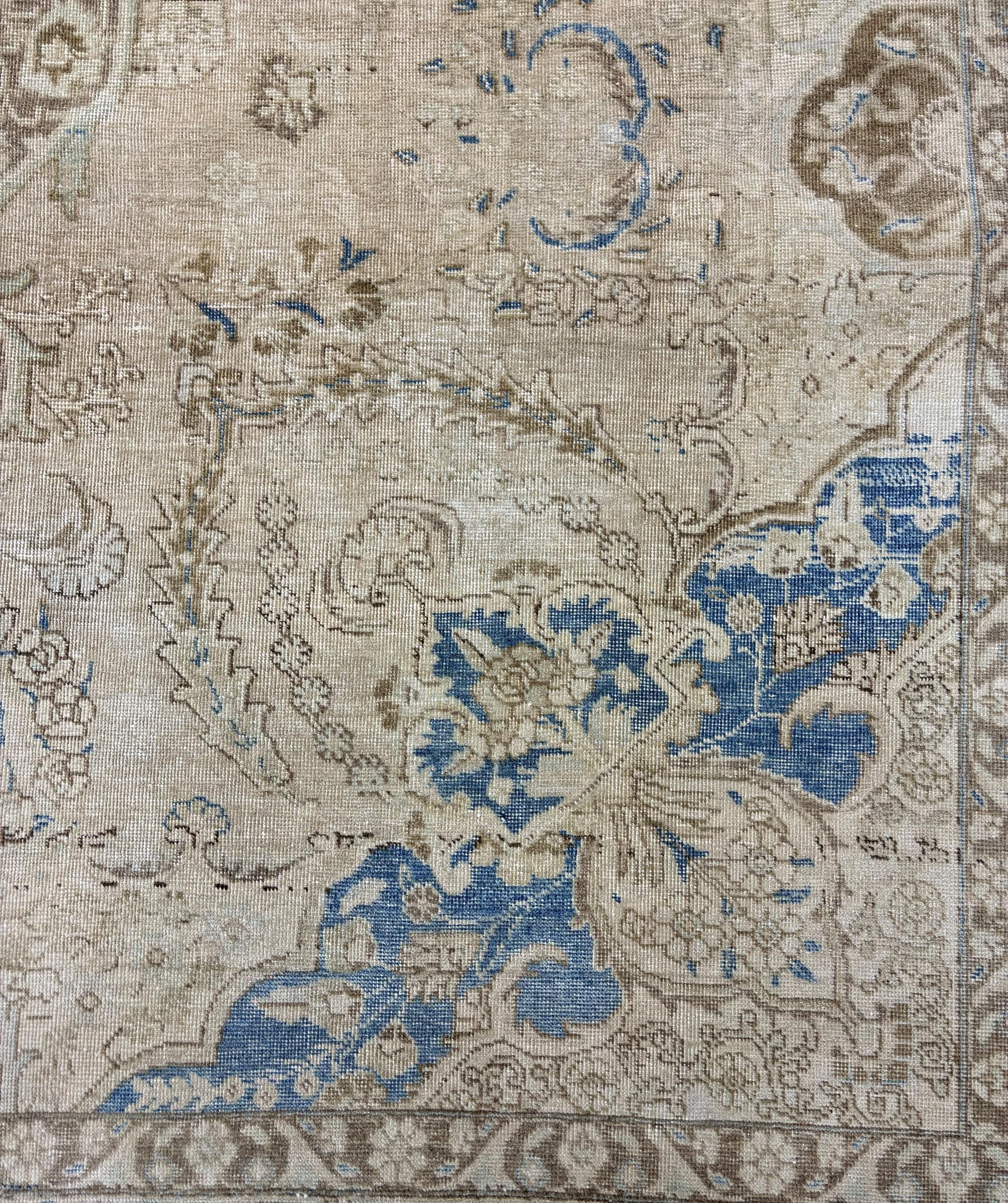 1980s Vintage Turkish Rug 9x12, Beige Blue Distressed Area Rug, Large Oushak Style Living Room Carpet, One of a Kind Rug