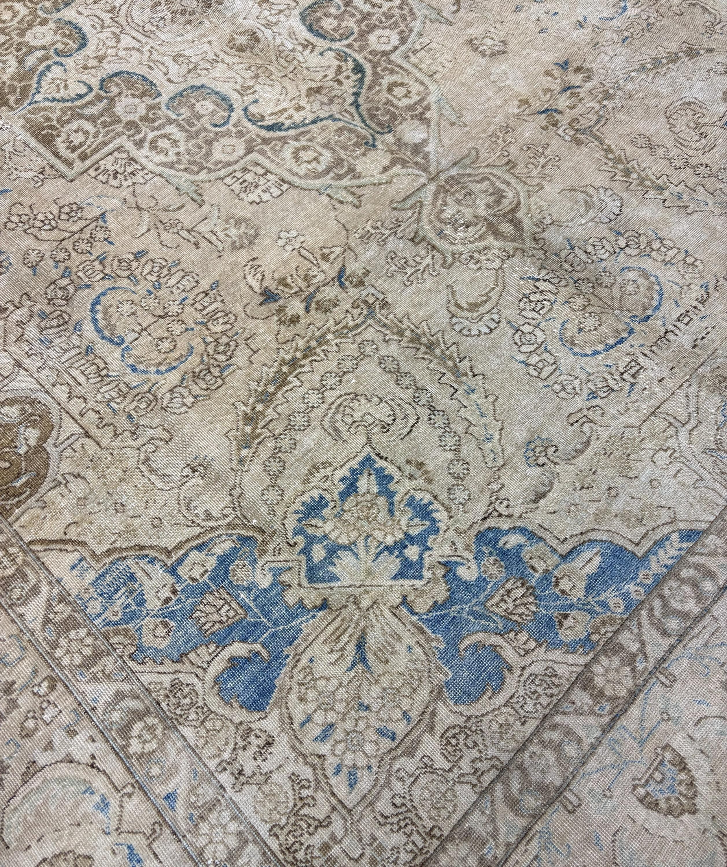 1980s Vintage Turkish Rug 9x12, Beige Blue Distressed Area Rug, Large Oushak Style Living Room Carpet, One of a Kind Rug