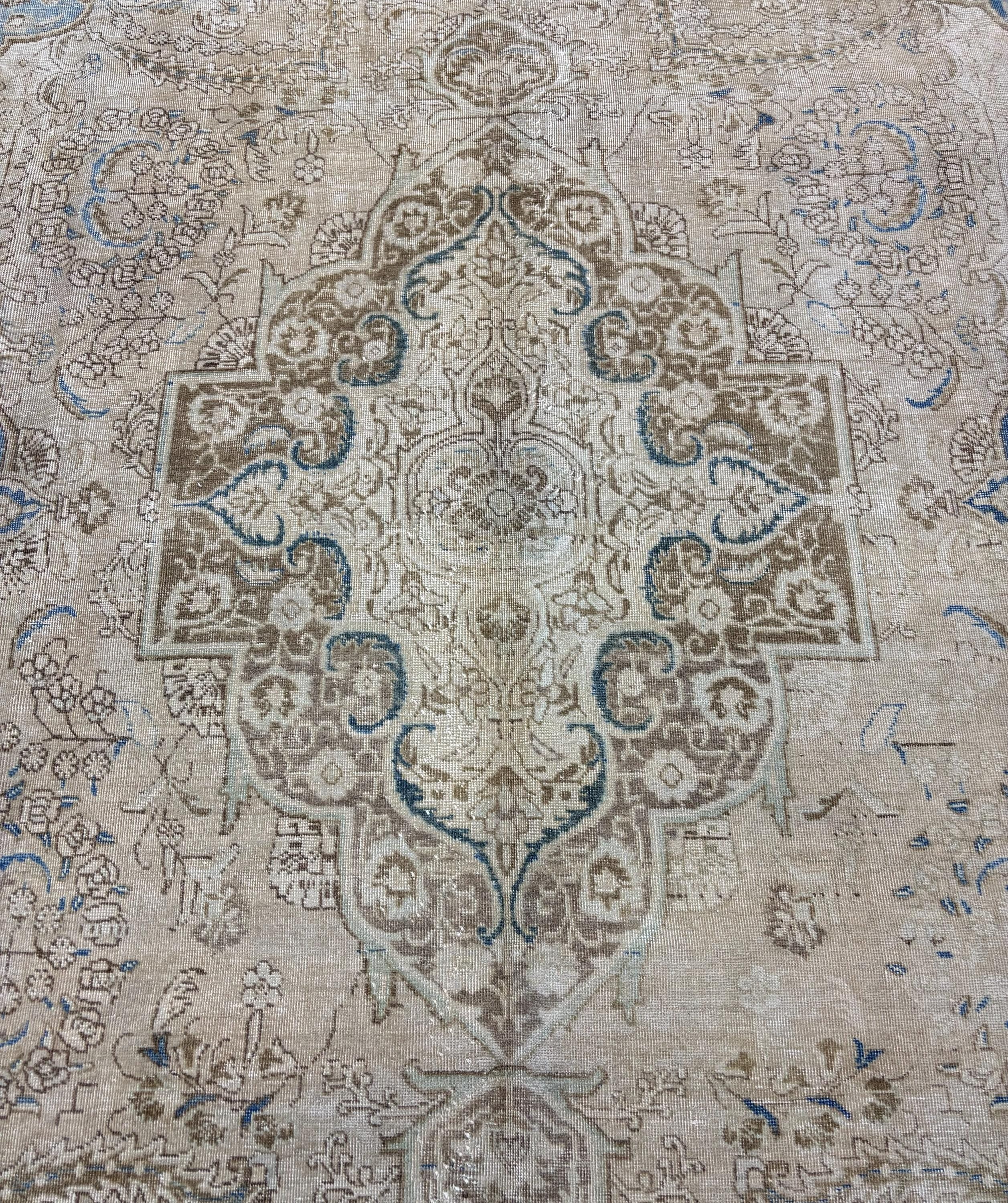 1980s Vintage Turkish Rug 9x12, Beige Blue Distressed Area Rug, Large Oushak Style Living Room Carpet, One of a Kind Rug
