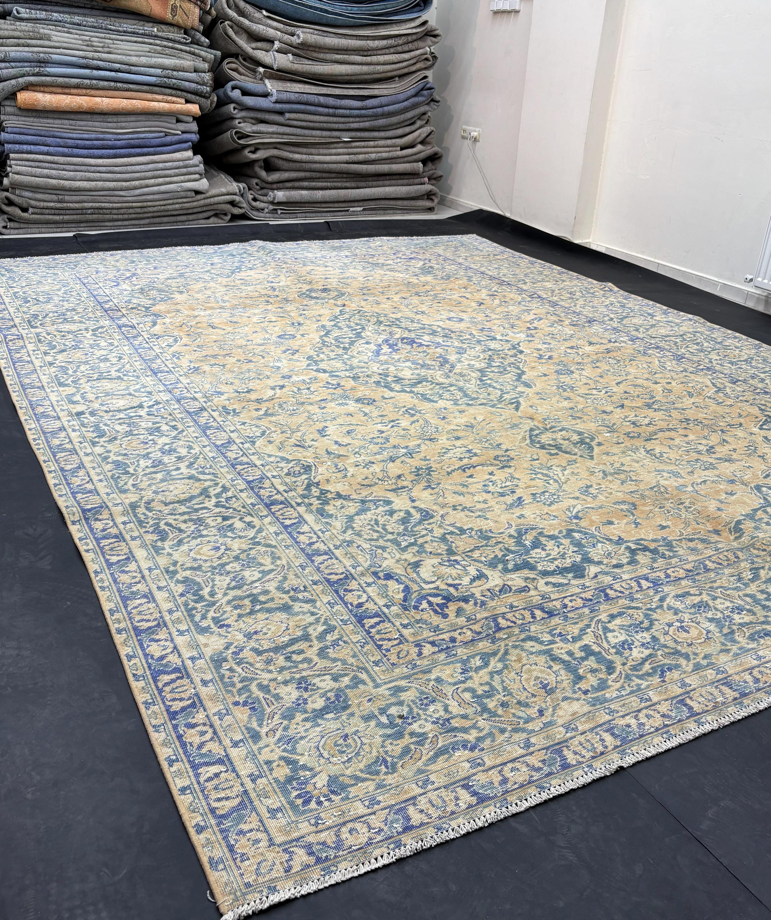 Large Vintage Turkish Rug 9x13, Blue Beige Medallion Area Rug, Distressed Persian Style Carpet for Living Room