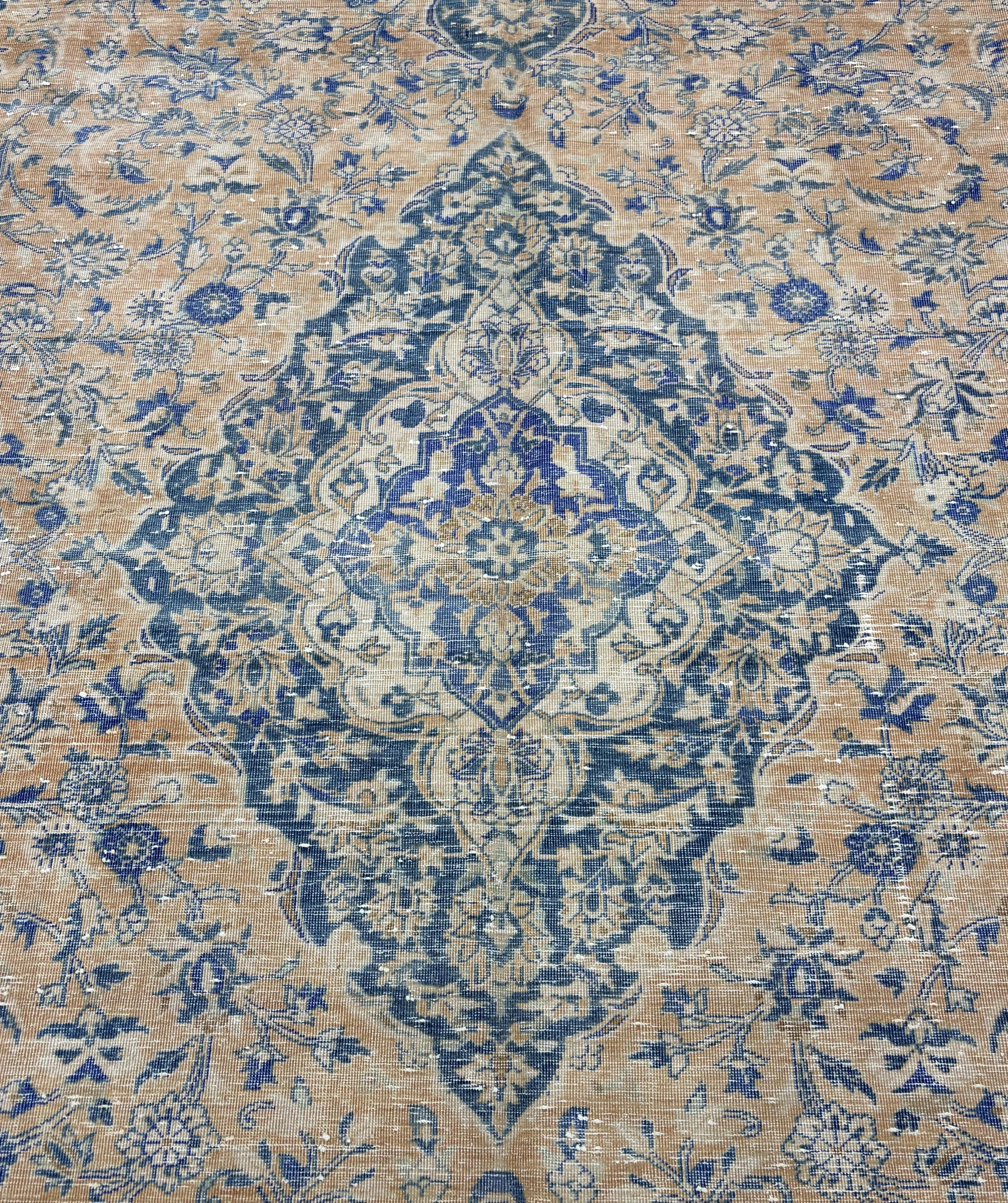 Large Vintage Turkish Rug 9x13, Blue Beige Medallion Area Rug, Distressed Persian Style Carpet for Living Room