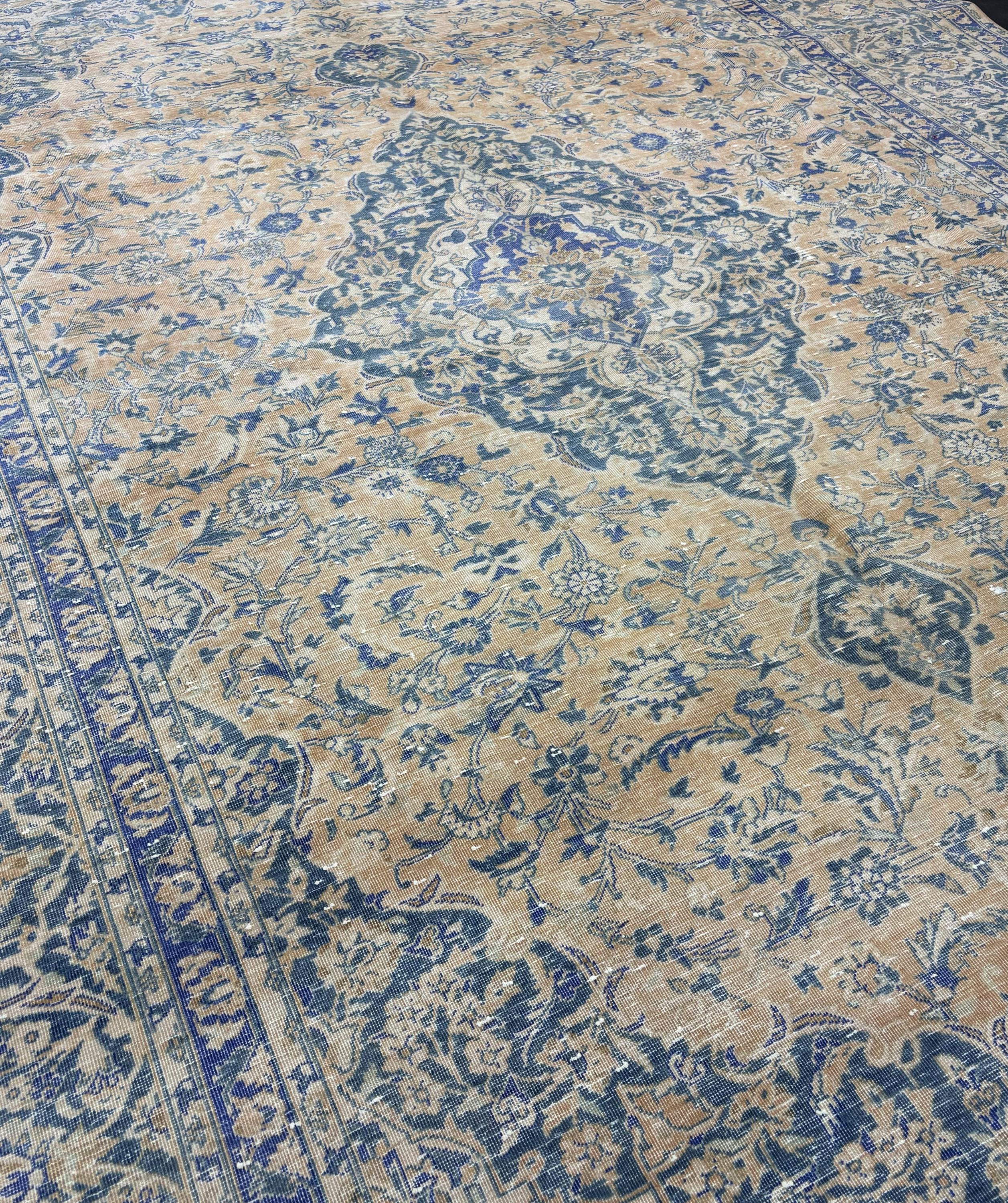 Large Vintage Turkish Rug 9x13, Blue Beige Medallion Area Rug, Distressed Persian Style Carpet for Living Room