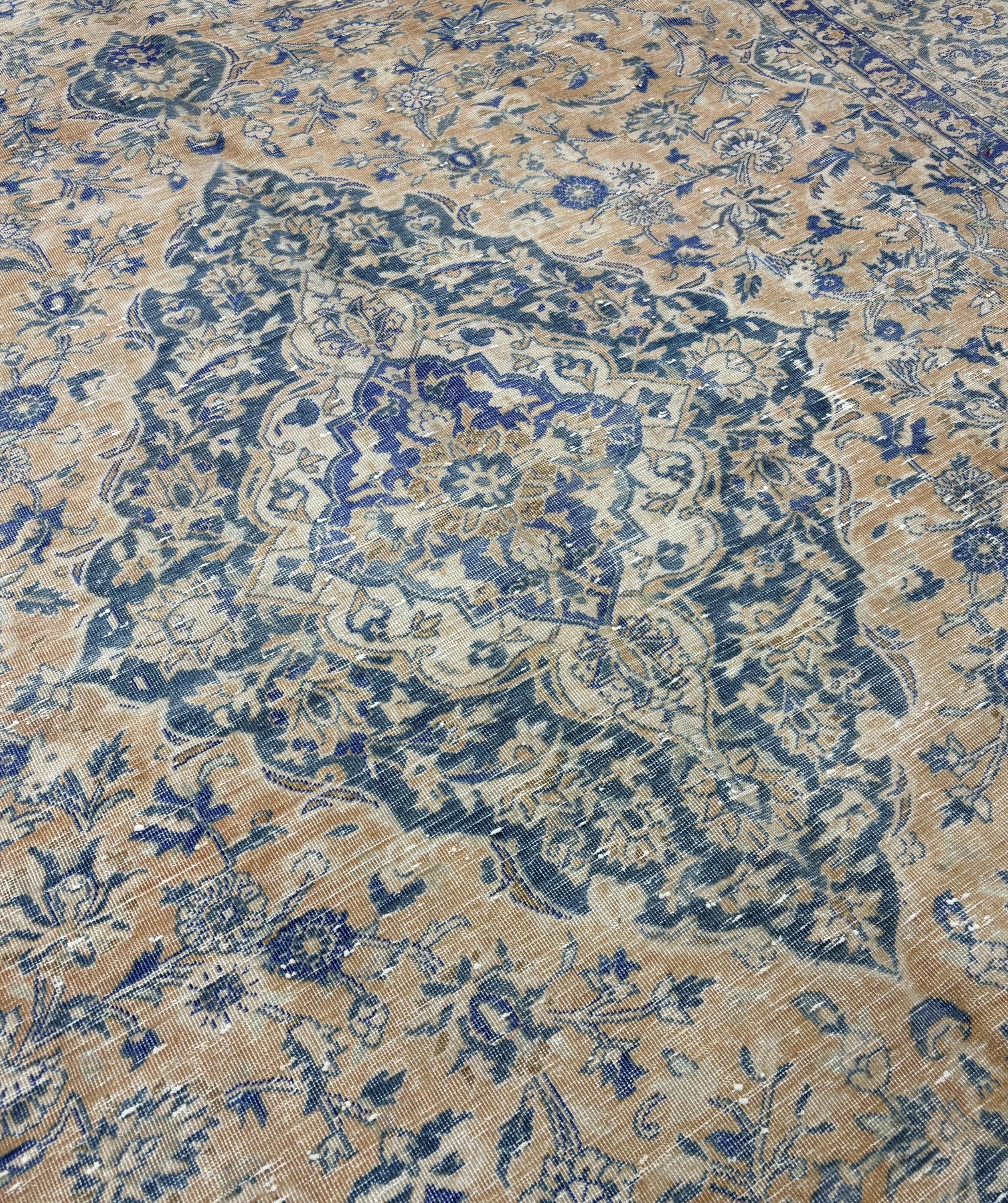 Large Vintage Turkish Rug 9x13, Blue Beige Medallion Area Rug, Distressed Persian Style Carpet for Living Room
