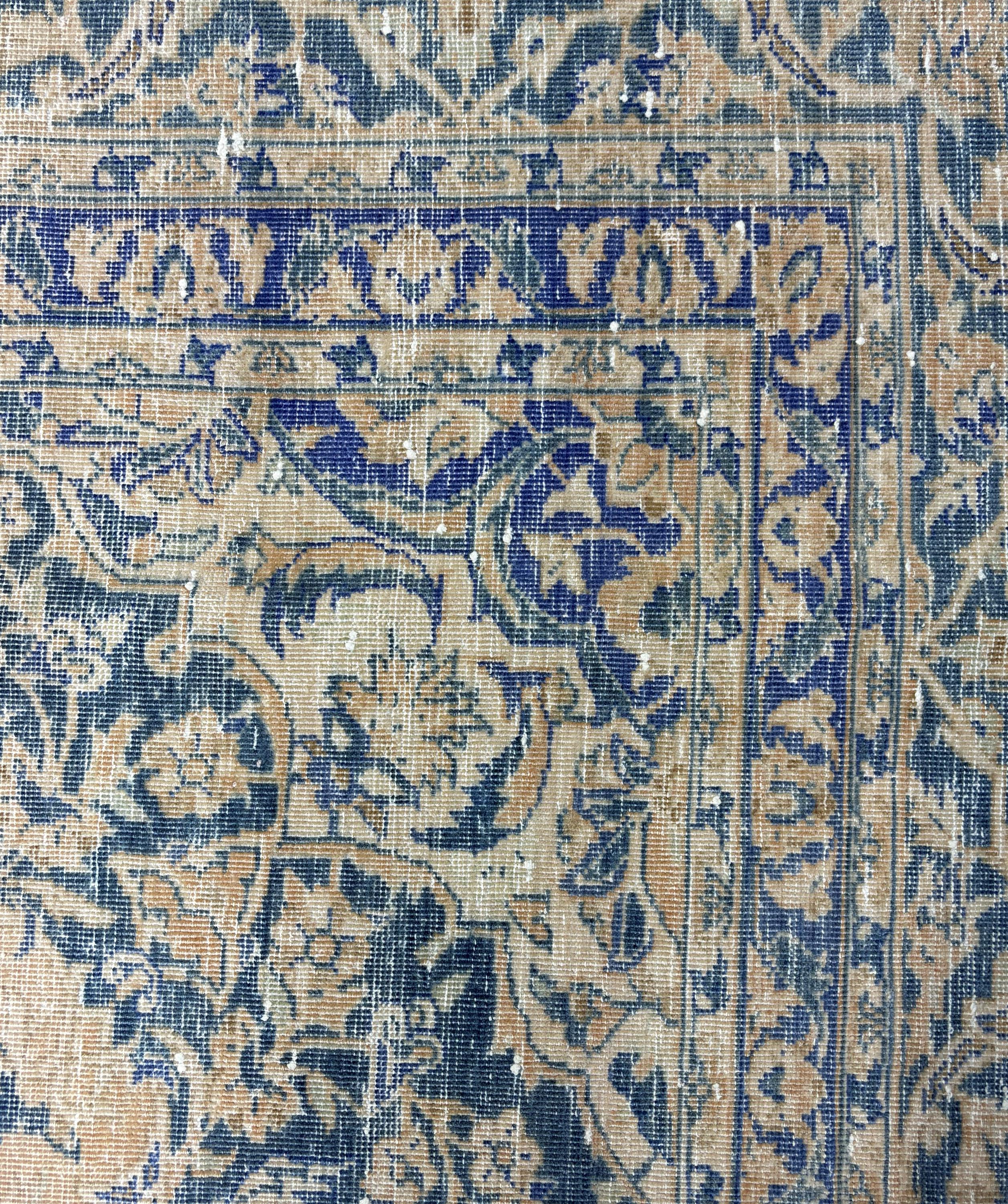 Large Vintage Turkish Rug 9x13, Blue Beige Medallion Area Rug, Distressed Persian Style Carpet for Living Room
