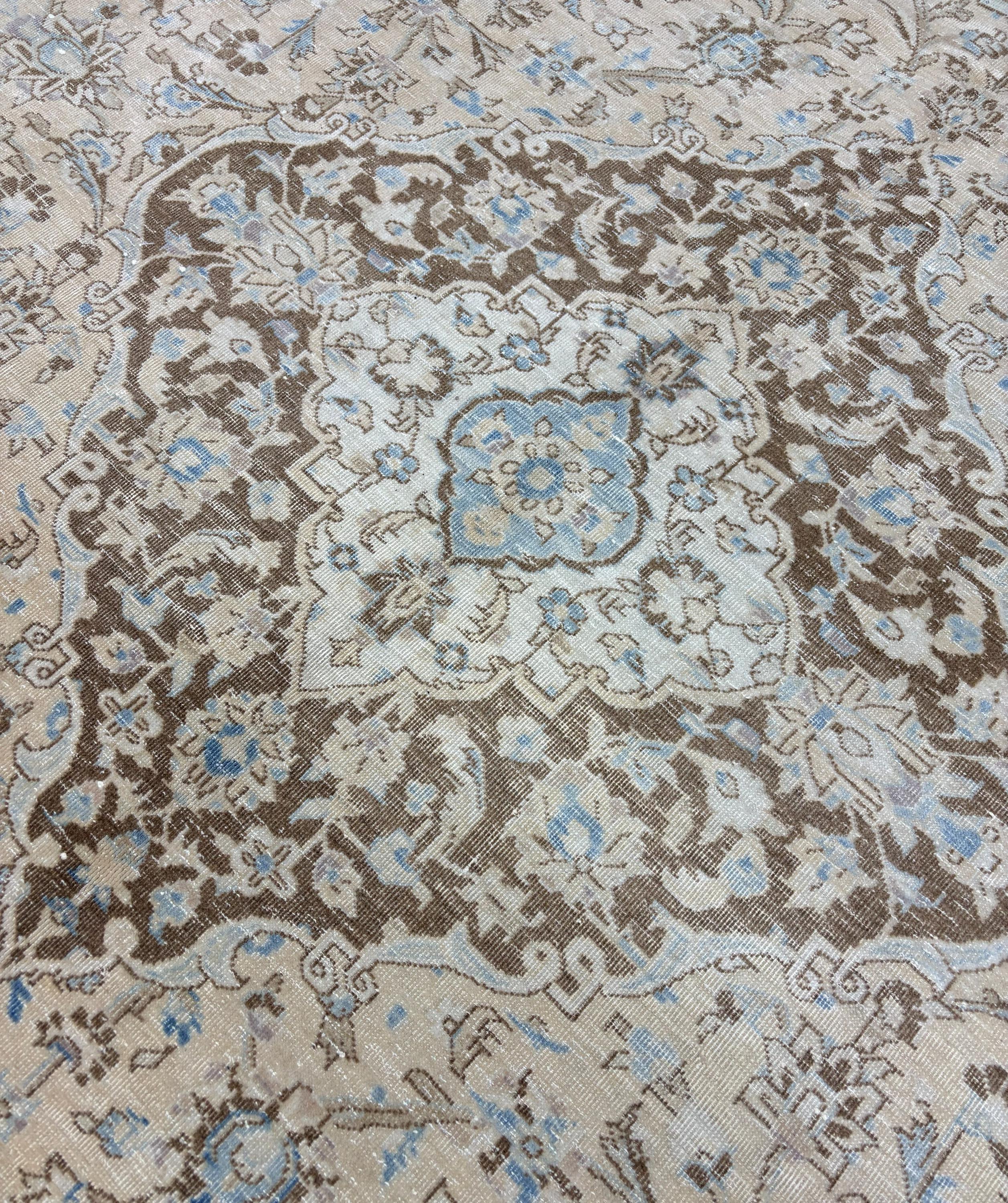 1980s Vintage Turkish Rug 9x12, Blue Beige Oushak Area Rug, Large Distressed Medallion Living Room Carpet